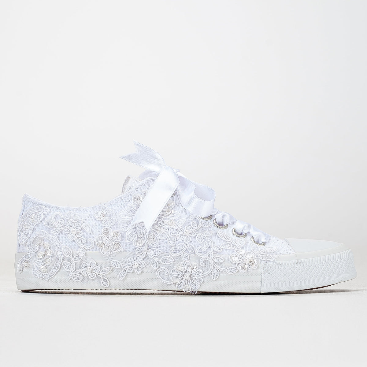Shelby - White Low Wedding Sneakers – front three-quarter view showing pearl, lace, satin, Vowalisse