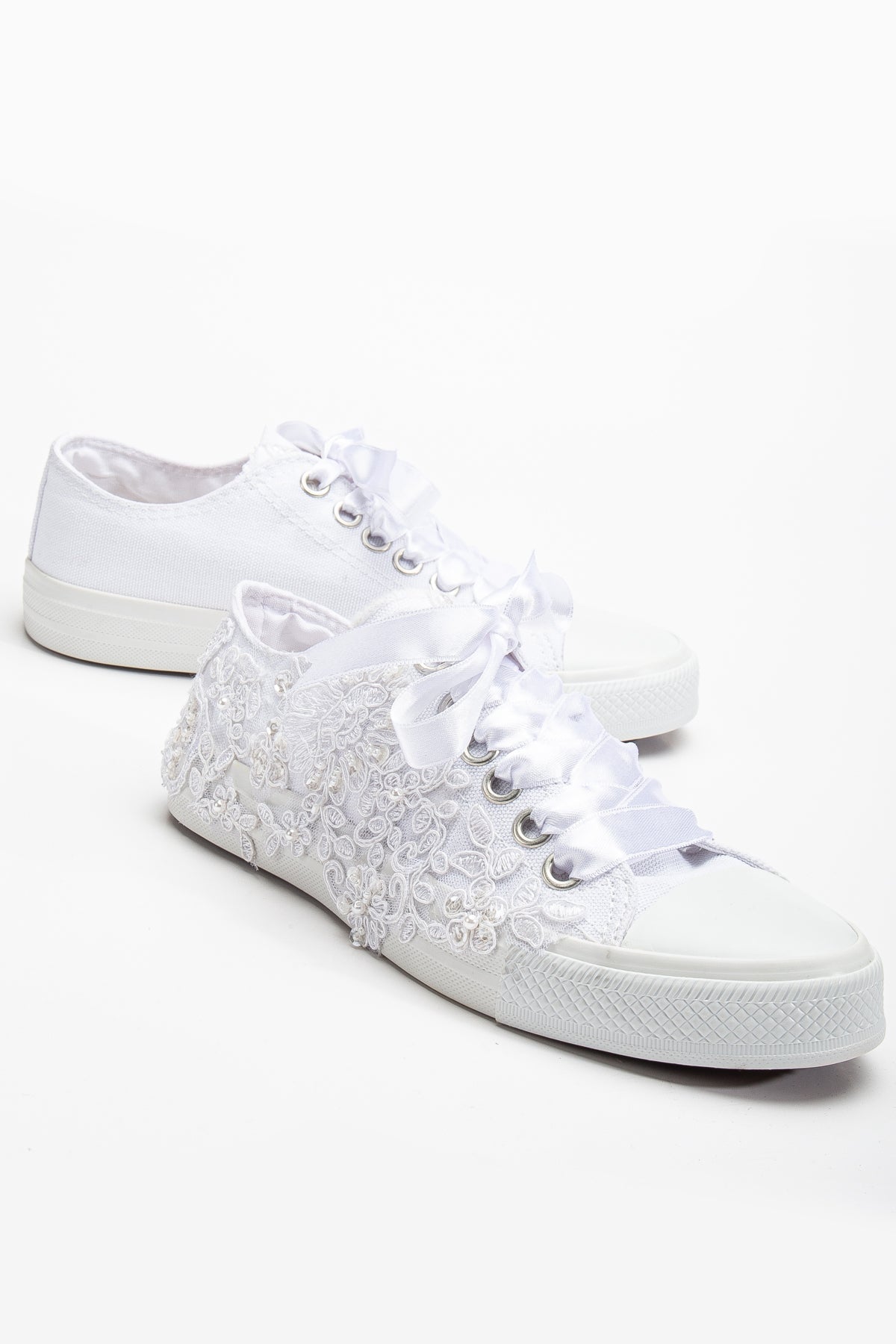 Shelby - White Low Wedding Sneakers – detail view showing pearl, lace, satin, Vowalisse