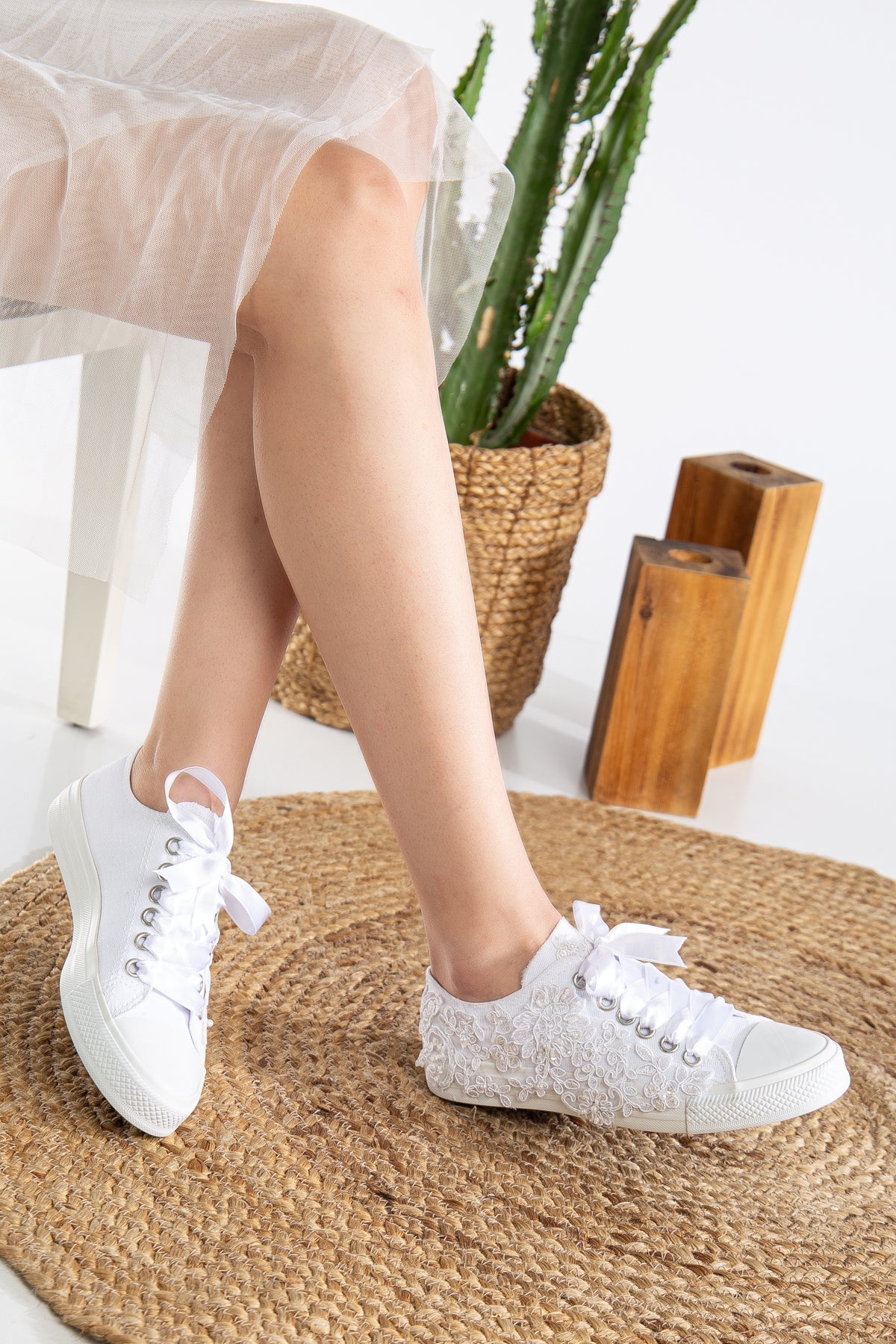 Shelby - White Low Wedding Sneakers – heel view showing pearl, lace, satin, Vowalisse
