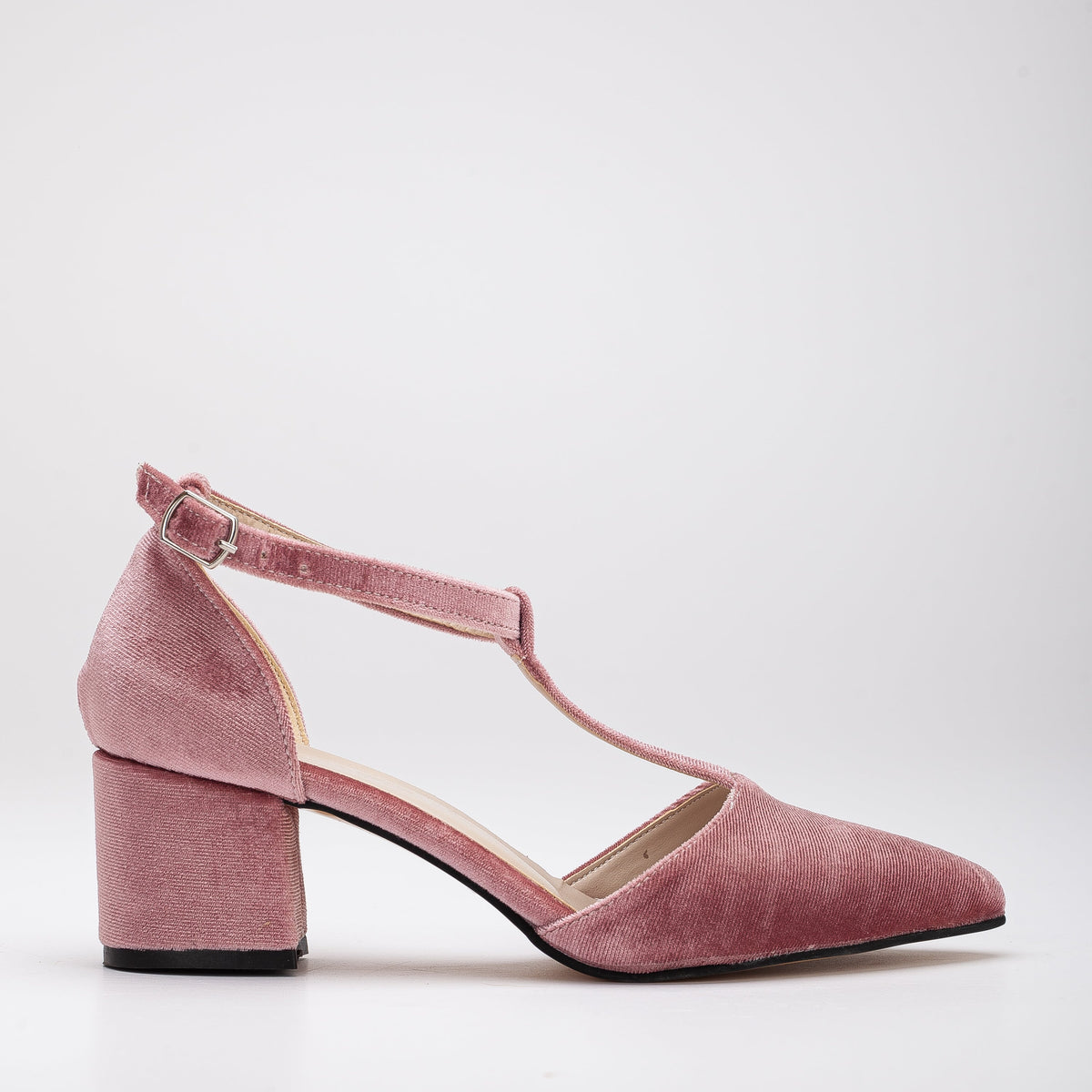 Anicette - Rose Velvet Low Heels – front three-quarter view showing velvet, pink, Vowalisse
