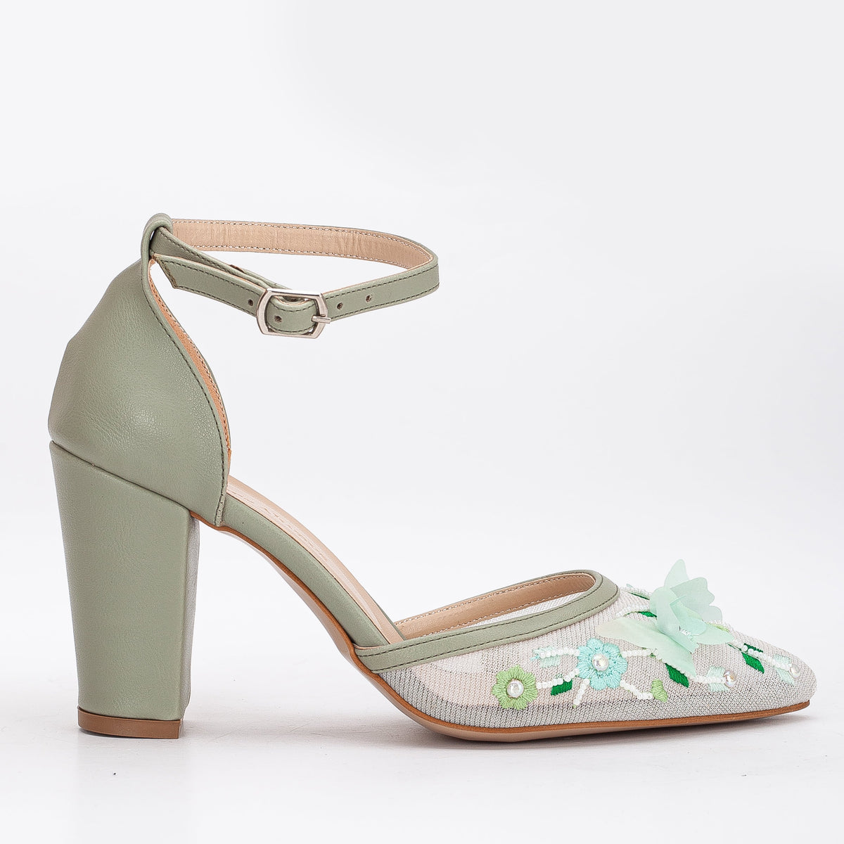 Ivy - Sage Green 3D Floral Lace Wedding Shoes – front three-quarter view showing pearl, lace, leather, Vowalisse