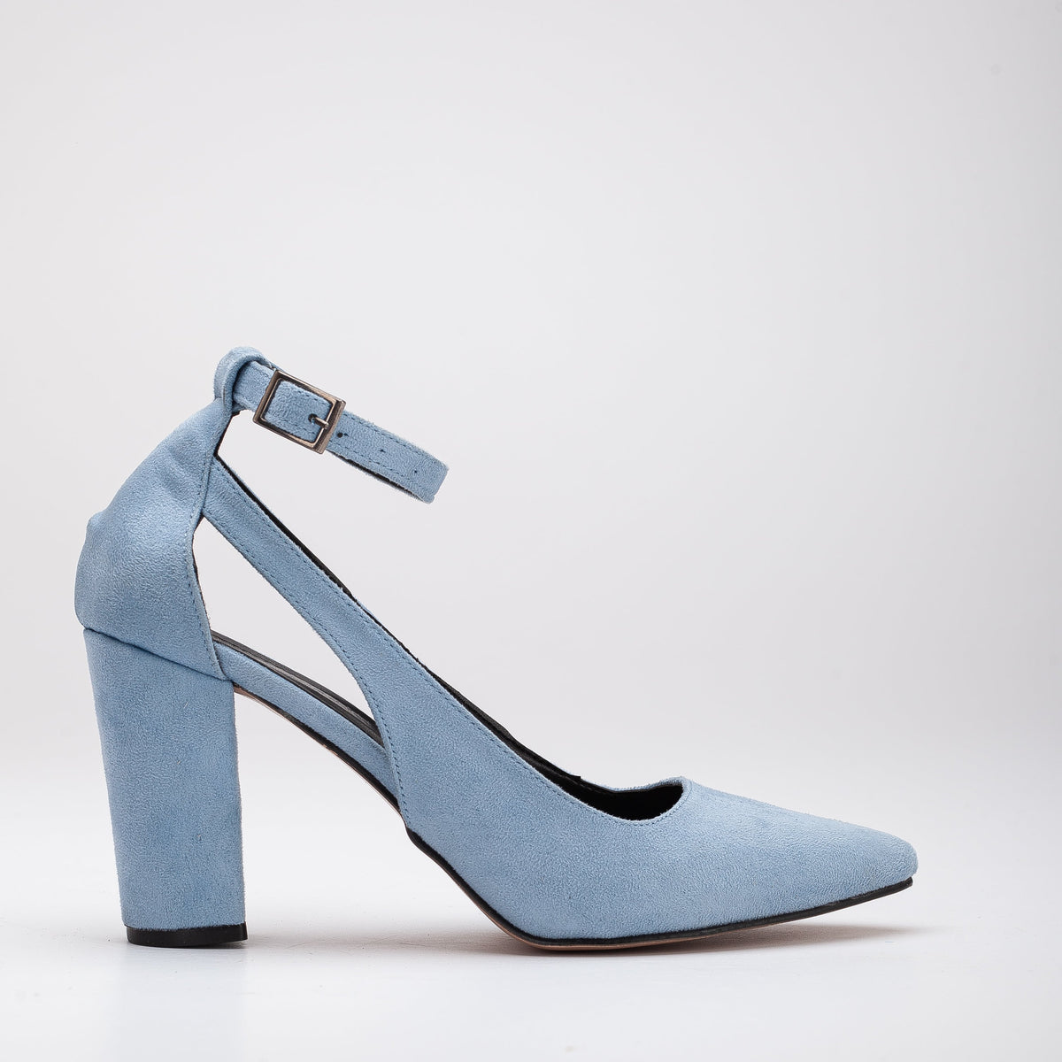 Colette - Baby Blue Suede Heels – front three-quarter view showing leather, suede, blue, Vowalisse