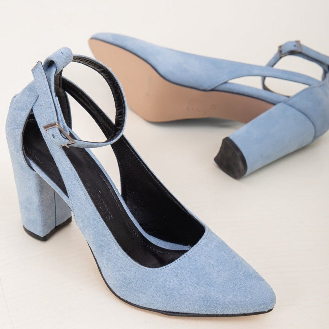 Colette - Baby Blue Suede Heels – back view showing leather, suede, blue, Vowalisse