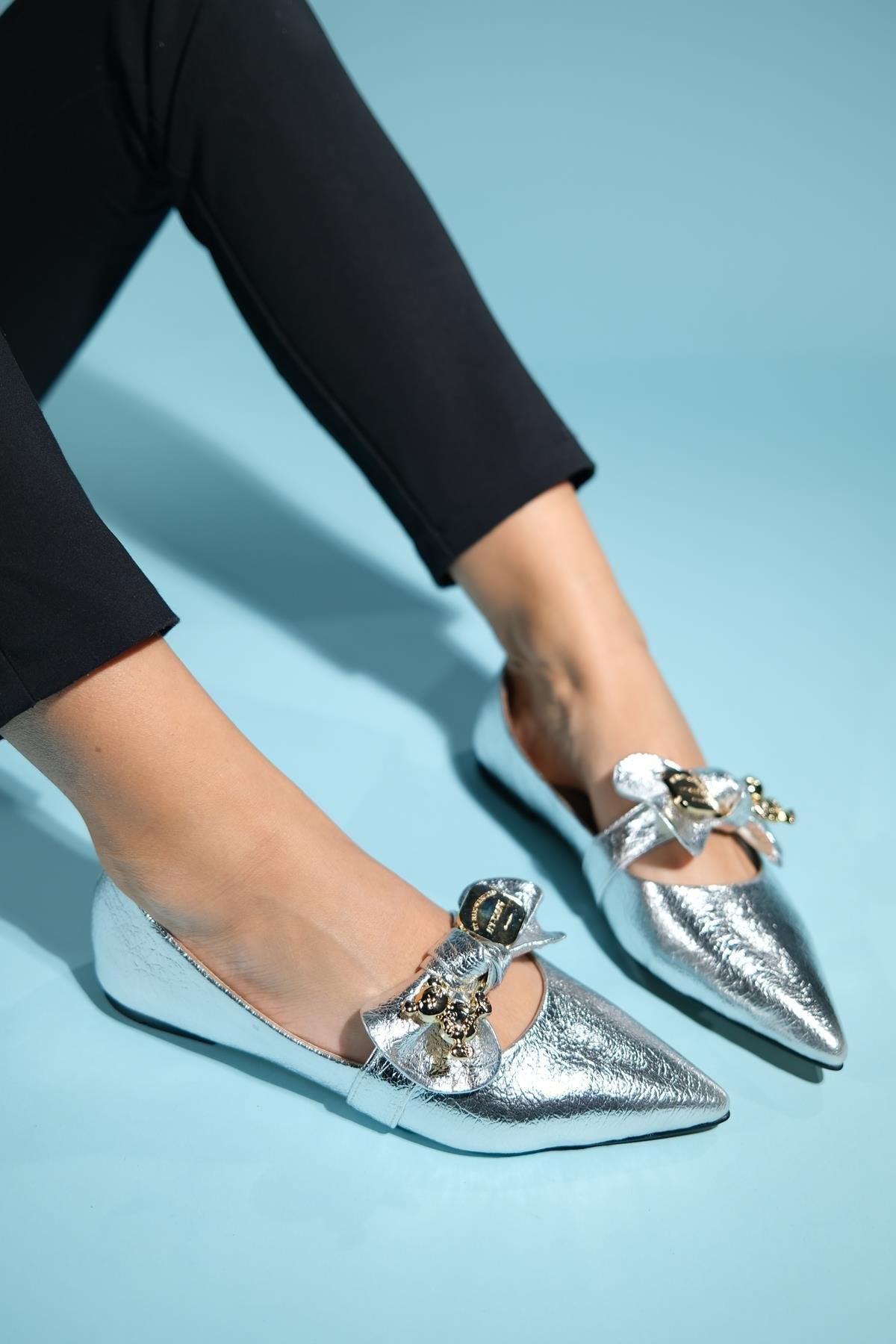 Helsi - Silver Ballet Flat – front three-quarter view showing leather, silver, Vowalisse
