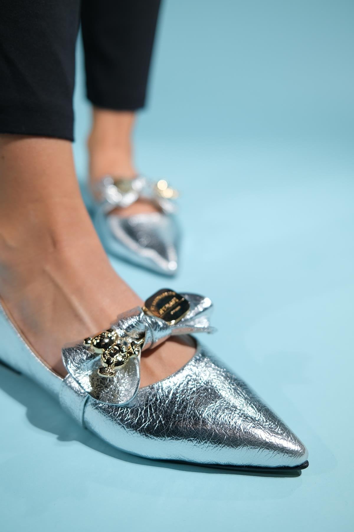 Helsi - Silver Ballet Flat – detail view showing leather, silver, Vowalisse