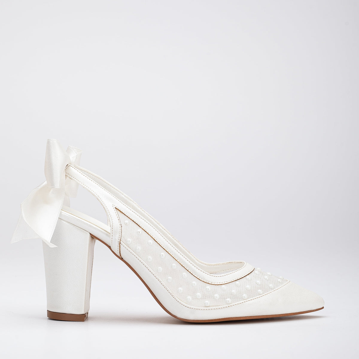 Fleur - Lace Slingback Wedding Shoes – front three-quarter view showing pearl, lace, satin, Vowalisse
