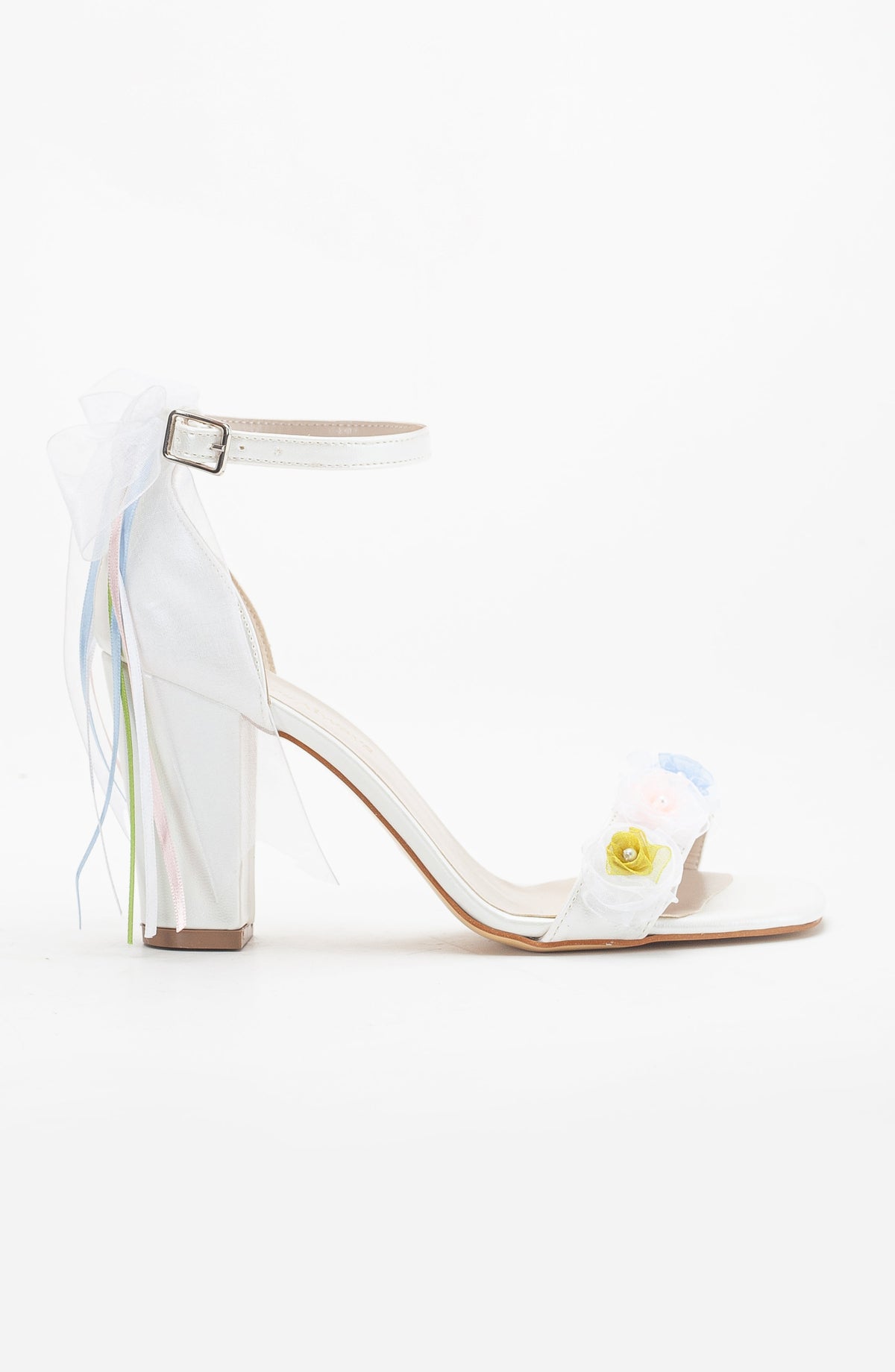 Nikki - Ivory Lace Bridal Sandals with Pearls – side view showing pearl, bow, lace, Vowalisse