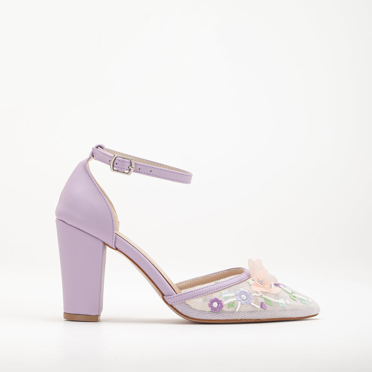 Ivy - Lavender 3D Floral Lace Wedding Shoes – front three-quarter view showing pearl, lace, leather, Vowalisse