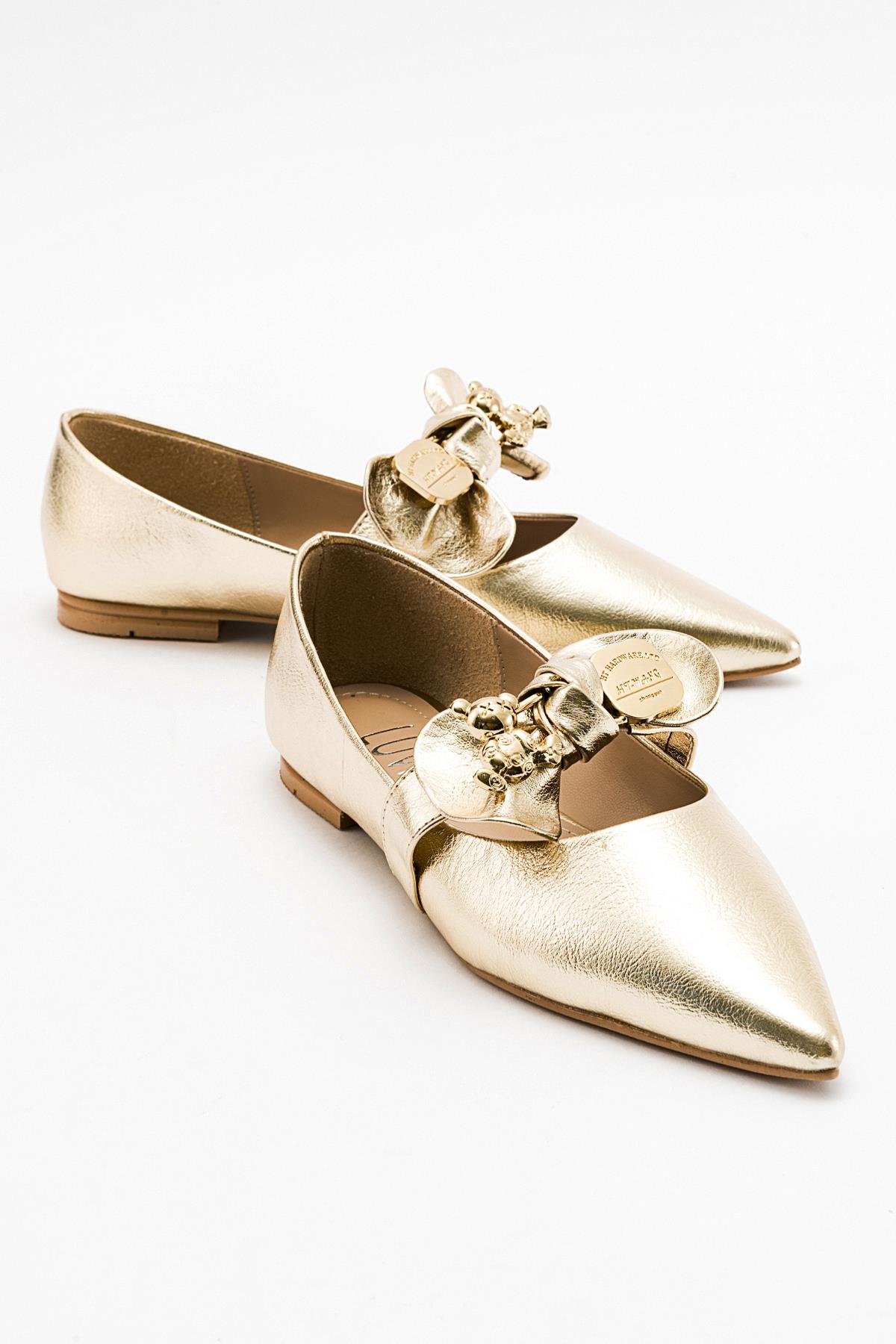 Helsi - Gold Bow Ballet Flat – front three-quarter view showing bow, leather, gold, Vowalisse