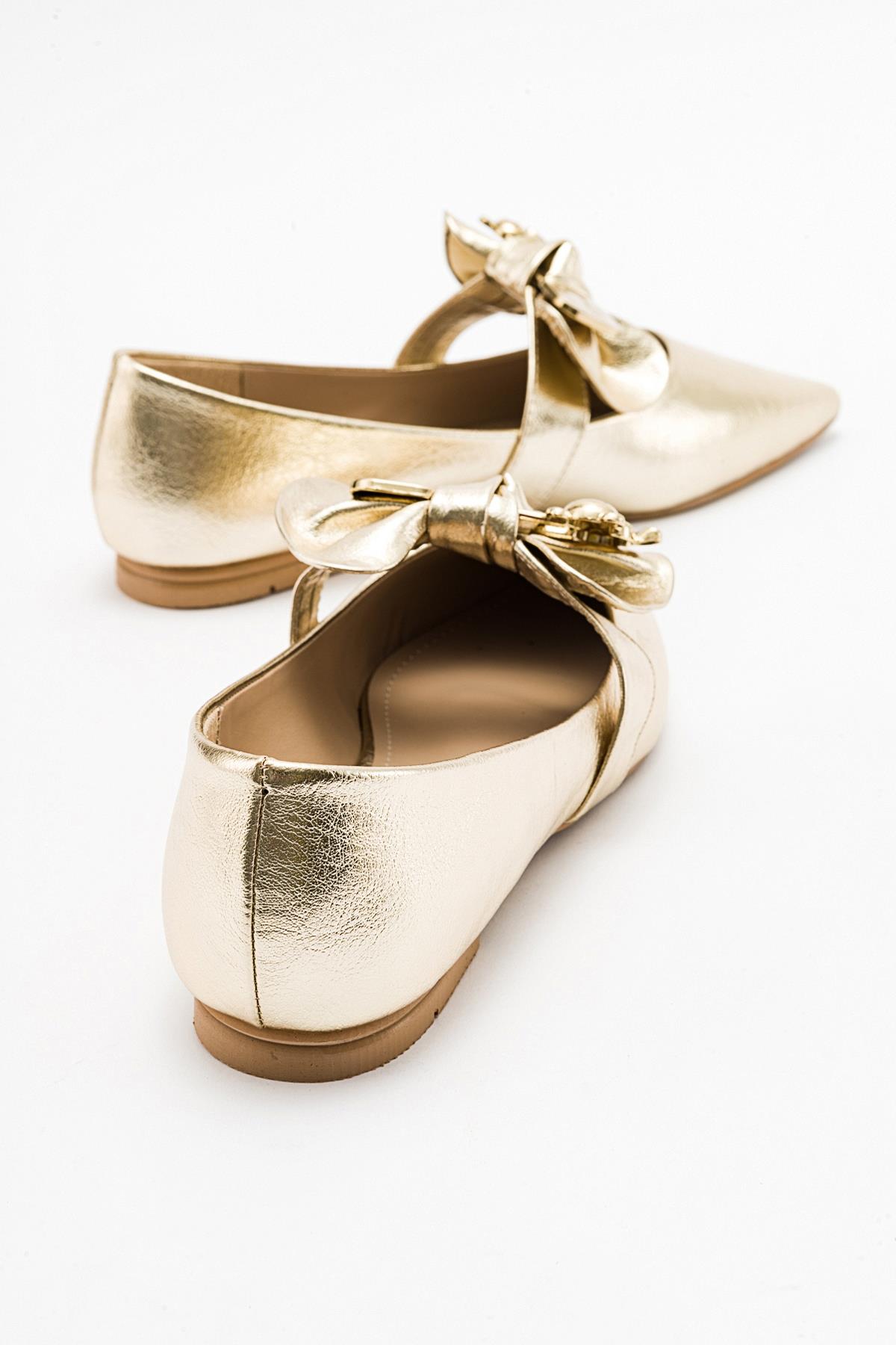 Helsi - Gold Bow Ballet Flat – back view showing bow, leather, gold, Vowalisse