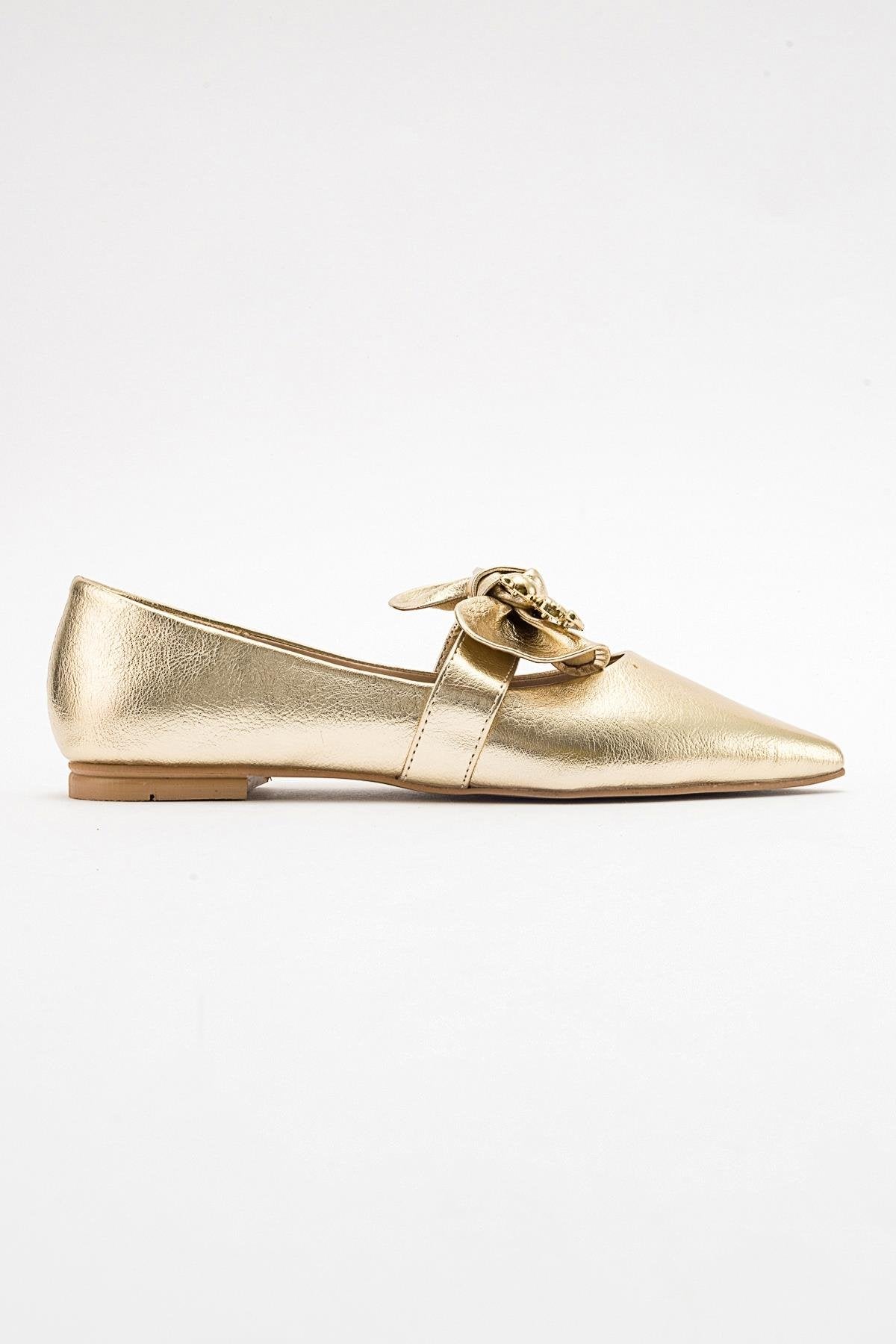Helsi - Gold Bow Ballet Flat – top view showing bow, leather, gold, Vowalisse
