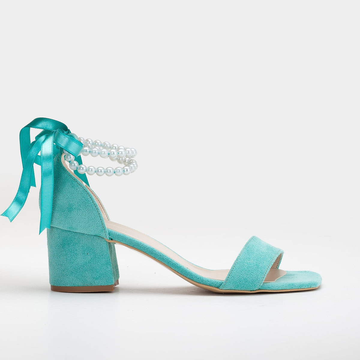 Illy - Aqua Blue Bridal Shoes with Pearls – front three-quarter view showing pearl, leather, suede, Vowalisse