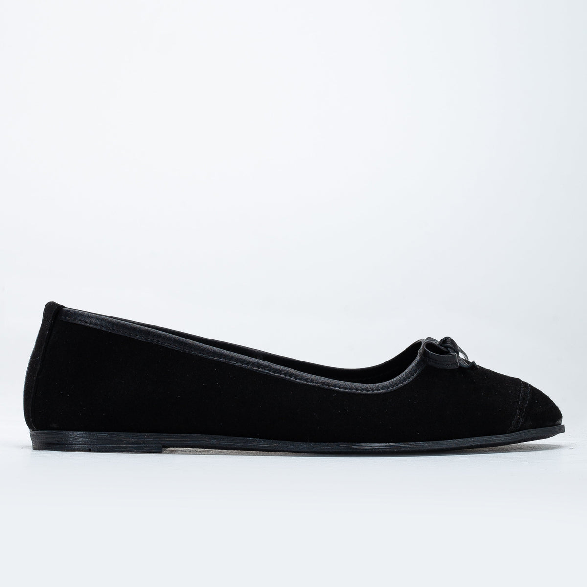 Brooklyn - Black Suede Ballerina Flats – side view showing bow, leather, suede, Vowalisse