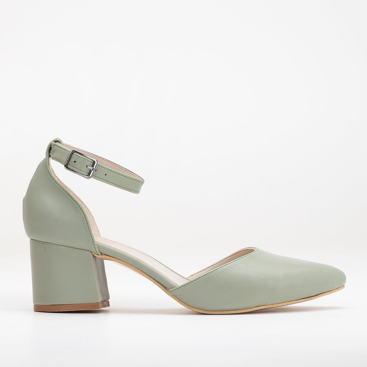 Marcelle - Sage Green Bridal Shoes – front three-quarter view showing leather, green, Vowalisse