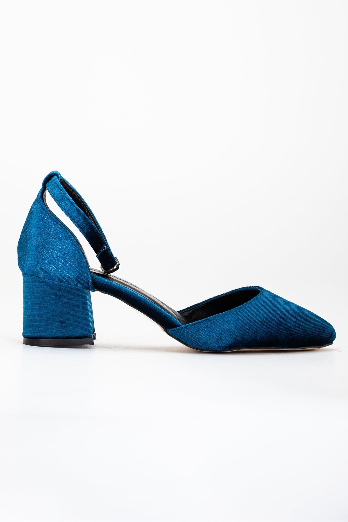 Marcelle - Teal Blue Velvet Pumps – side view showing velvet, leather, suede, Vowalisse
