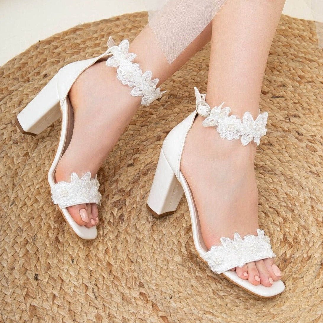 Dede - Ivory Lace Bridal Heels – side view showing lace, ivory, white, Vowalisse
