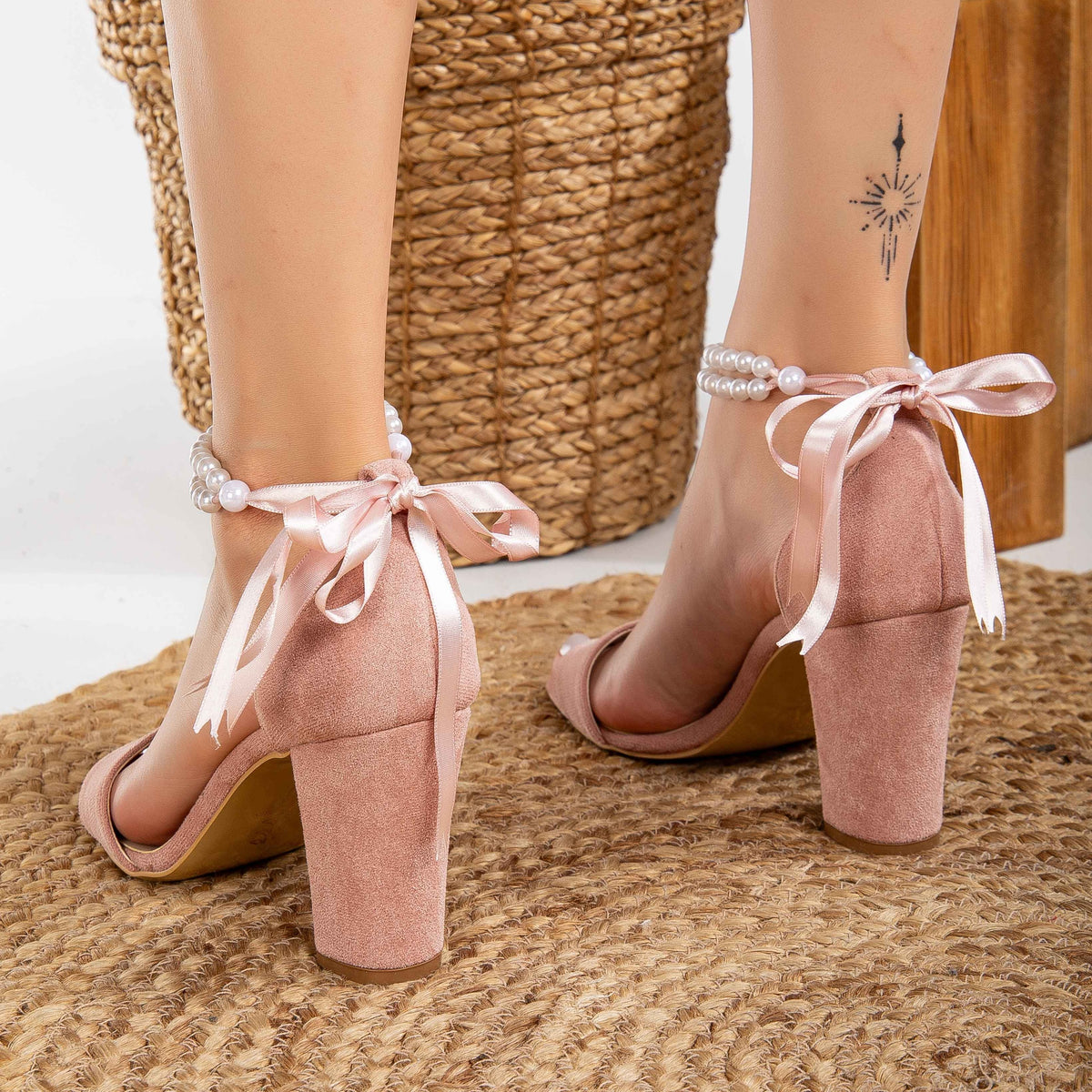 Melissa - Dusty Pink Suede Sandals with Pearls – heel view showing pearl, leather, suede, Vowalisse