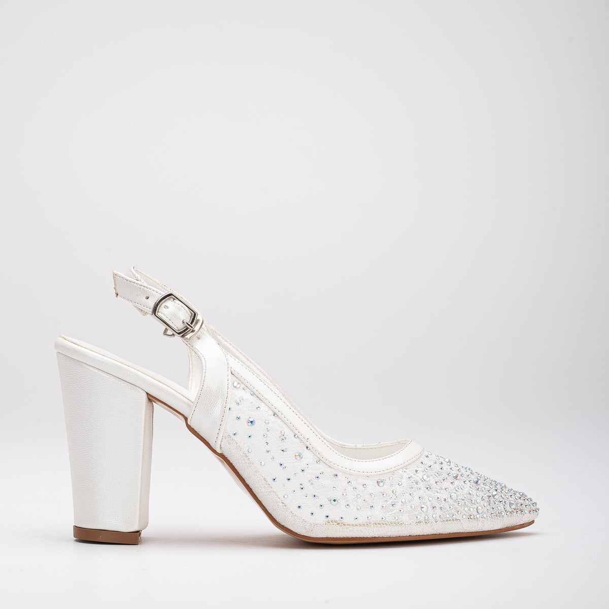 Monique - Ivory Lace Slingback Shoes – front three-quarter view showing lace, leather, ivory, Vowalisse