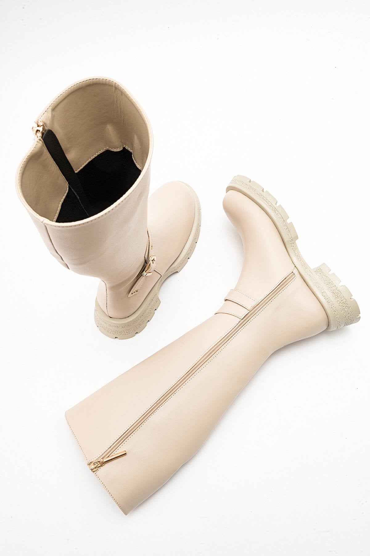 Covela - Beige Knee-High Boot – side view showing leather, Vowalisse