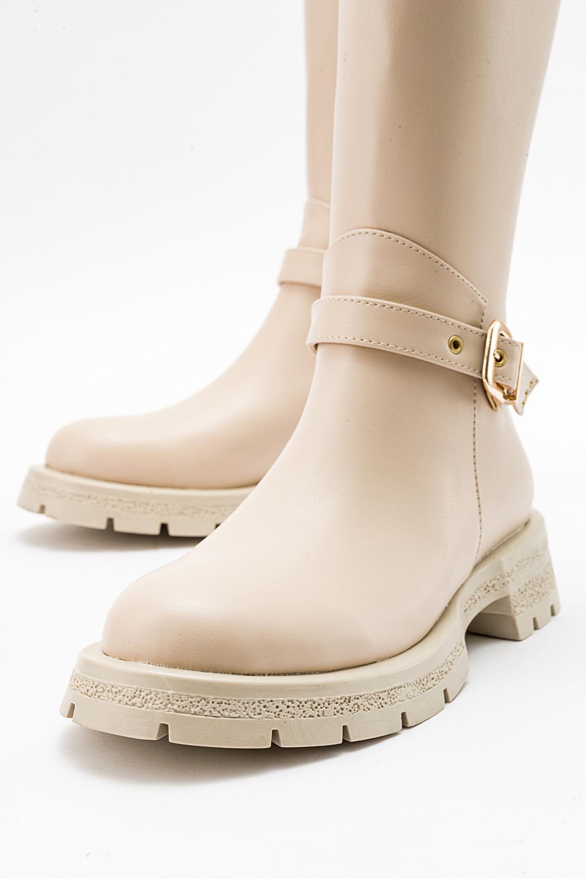 Covela - Beige Knee-High Boot – detail view showing leather, Vowalisse