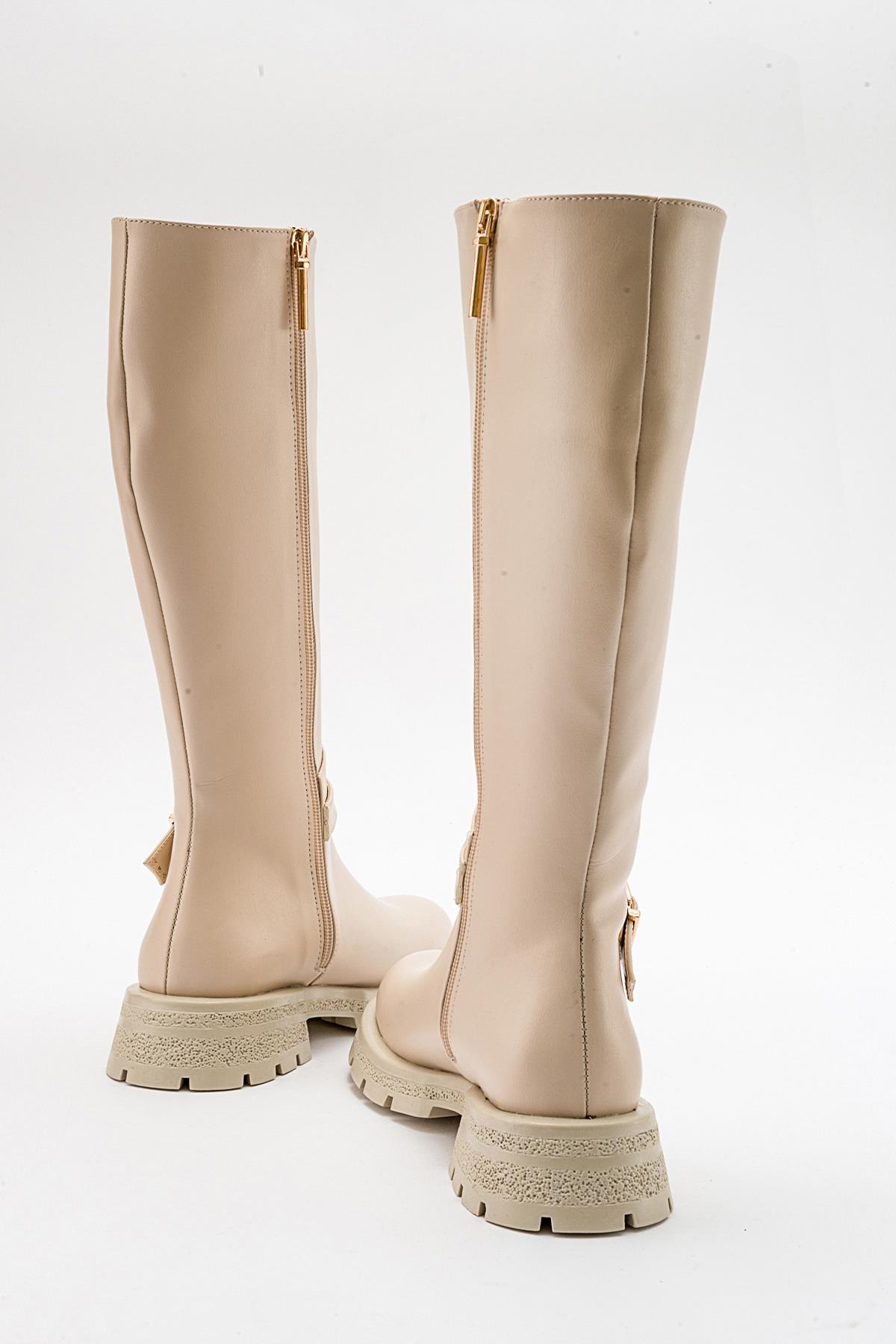 Covela - Beige Knee-High Boot – back view showing leather, Vowalisse