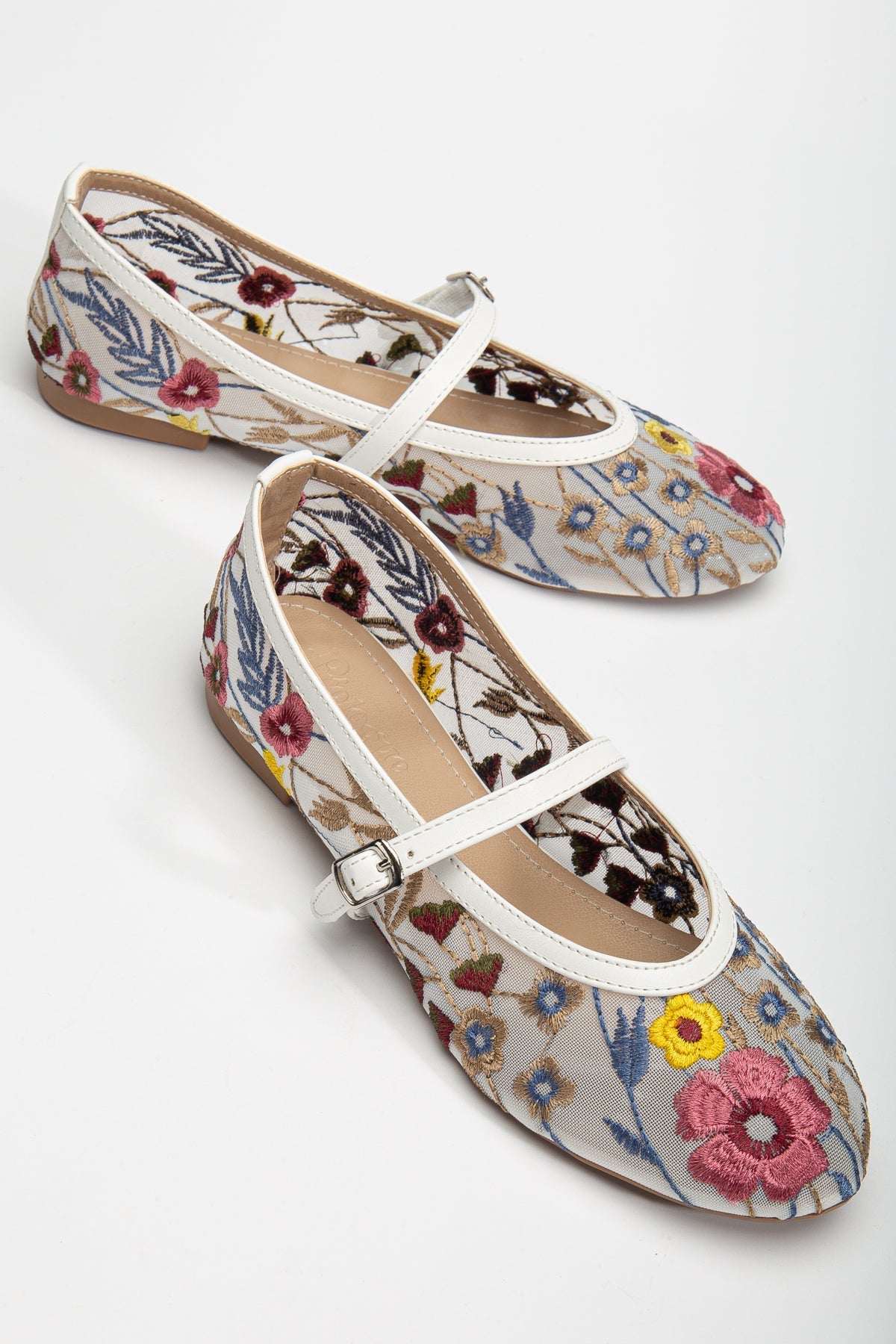 Fauna - White Mesh Mary Jane Flats – front three-quarter view showing leather, mesh, white, Vowalisse