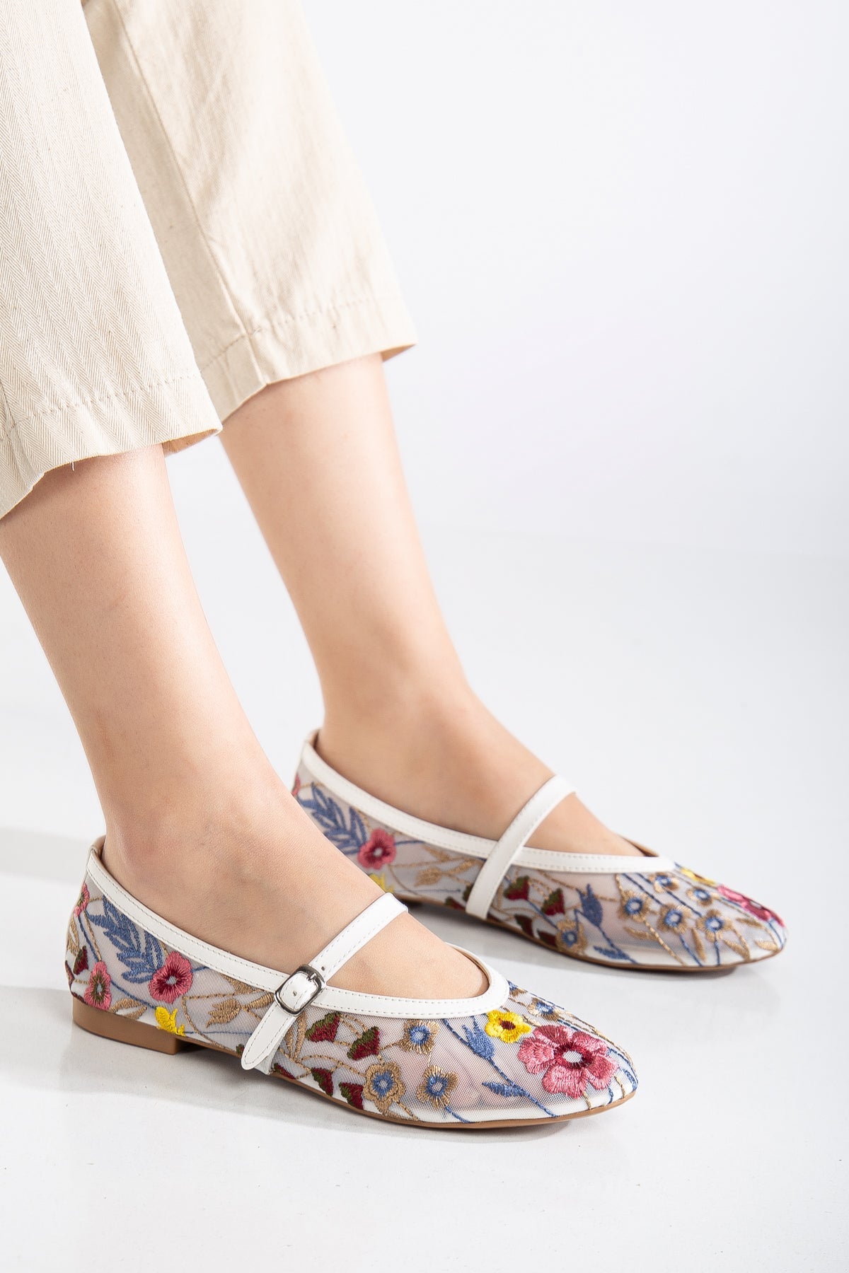 Fauna - White Mesh Mary Jane Flats – detail view showing leather, mesh, white, Vowalisse