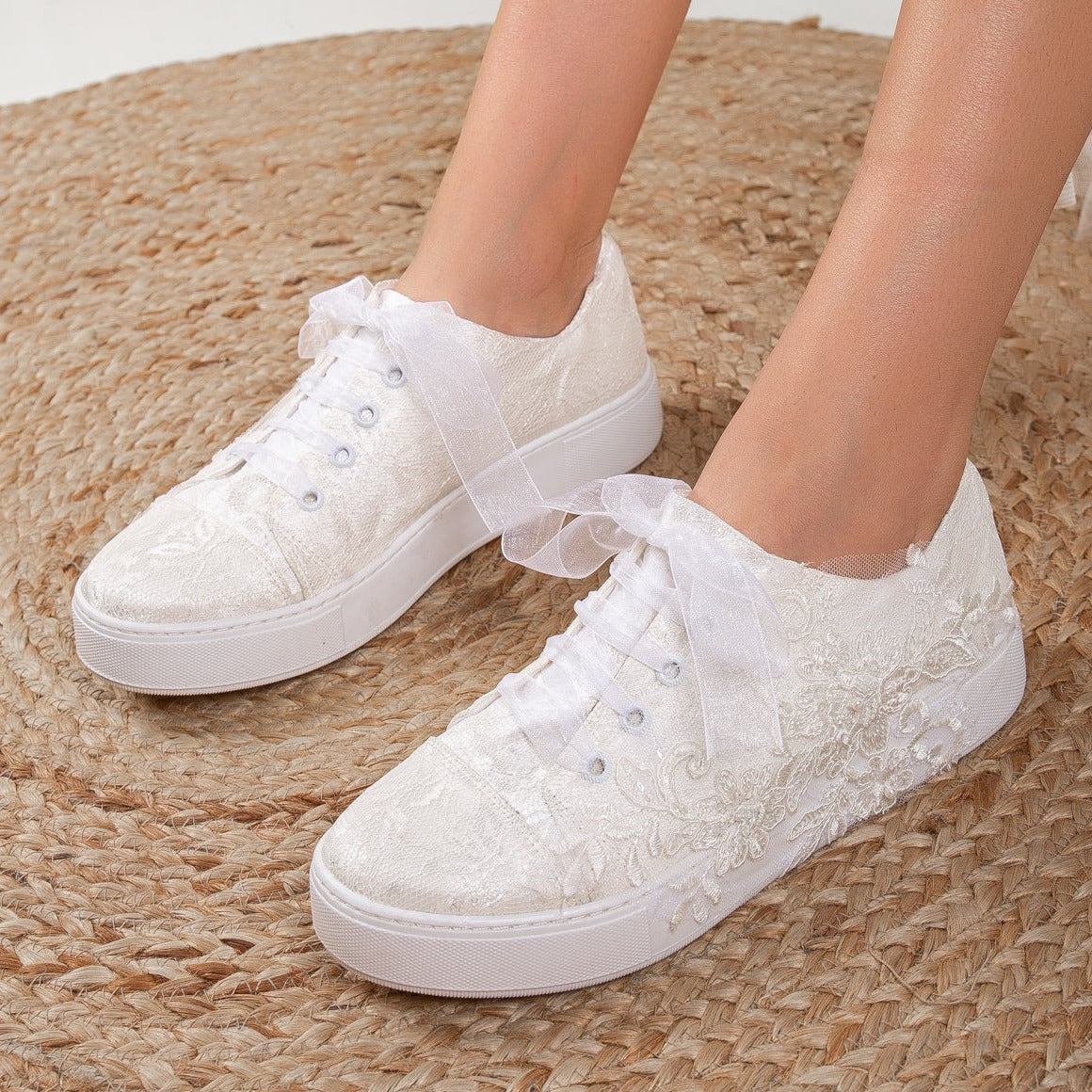 Elise - Ivory Lace Wedding Sneakers – detail view showing lace, ivory, red, Vowalisse