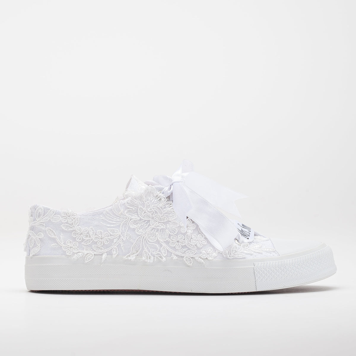 Belle - White Low Wedding Converse – front three-quarter view showing lace, satin, white, Vowalisse