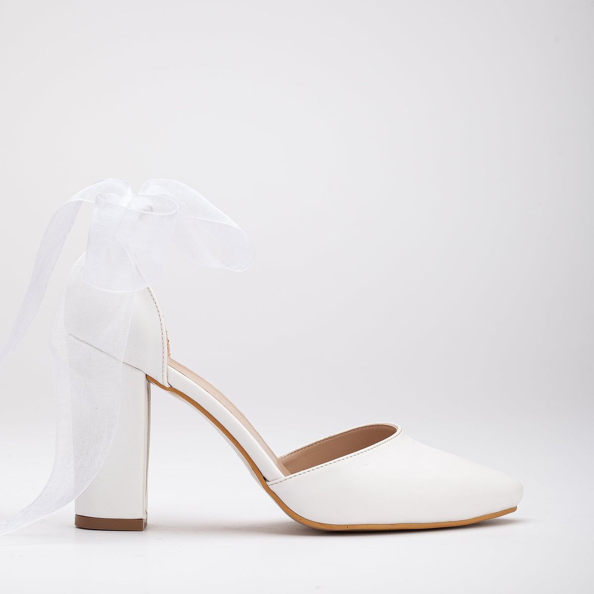 Gisele - White Bridal Shoes with Ribbon – front three-quarter view showing leather, white, Vowalisse
