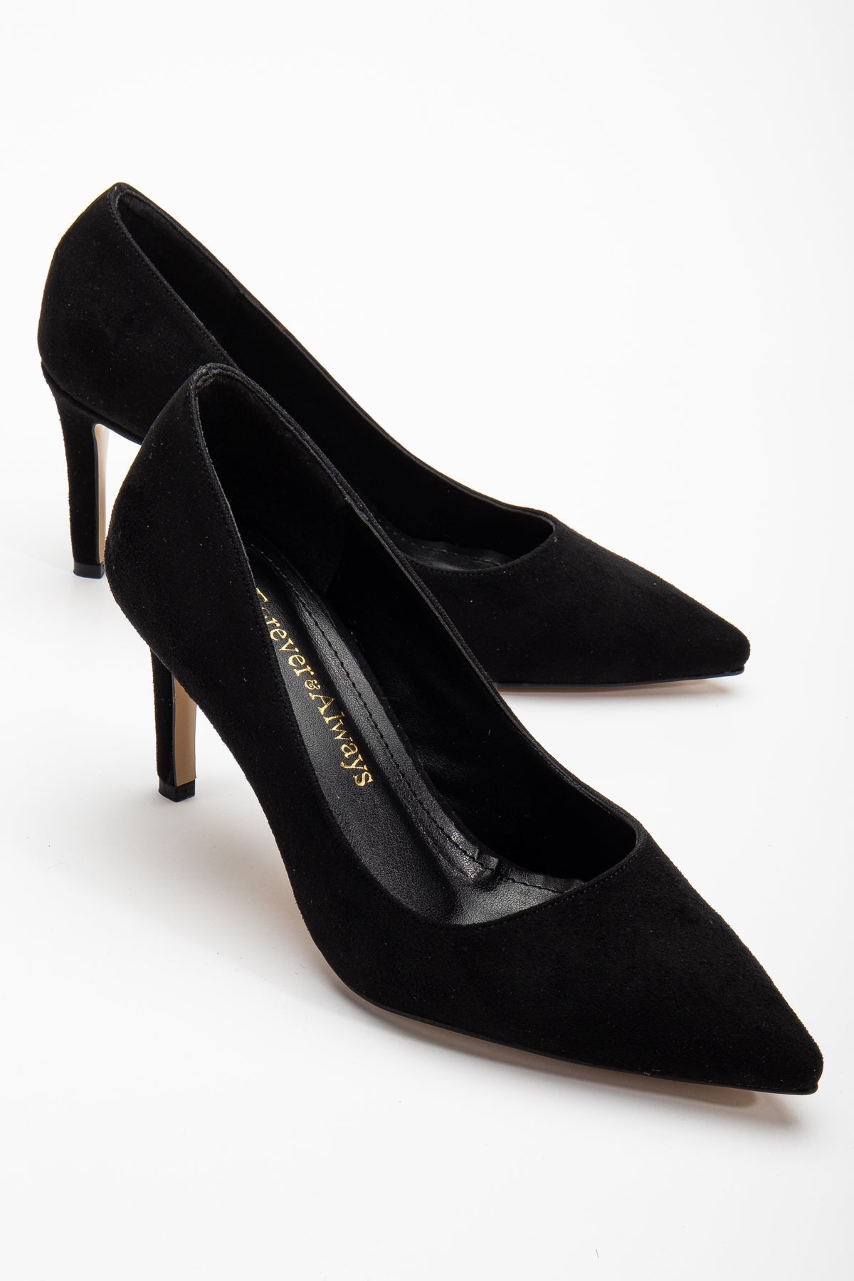 Perla - Black Suede Pointed Toe Stiletto Pump – side view showing leather, suede, black, Vowalisse