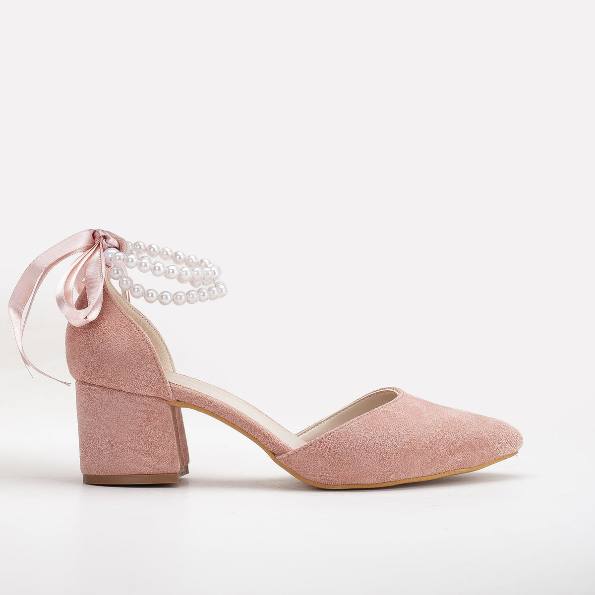 Miranda - Dusty Pink Shoes with Pearls – front three-quarter view showing pearl, leather, suede, Vowalisse