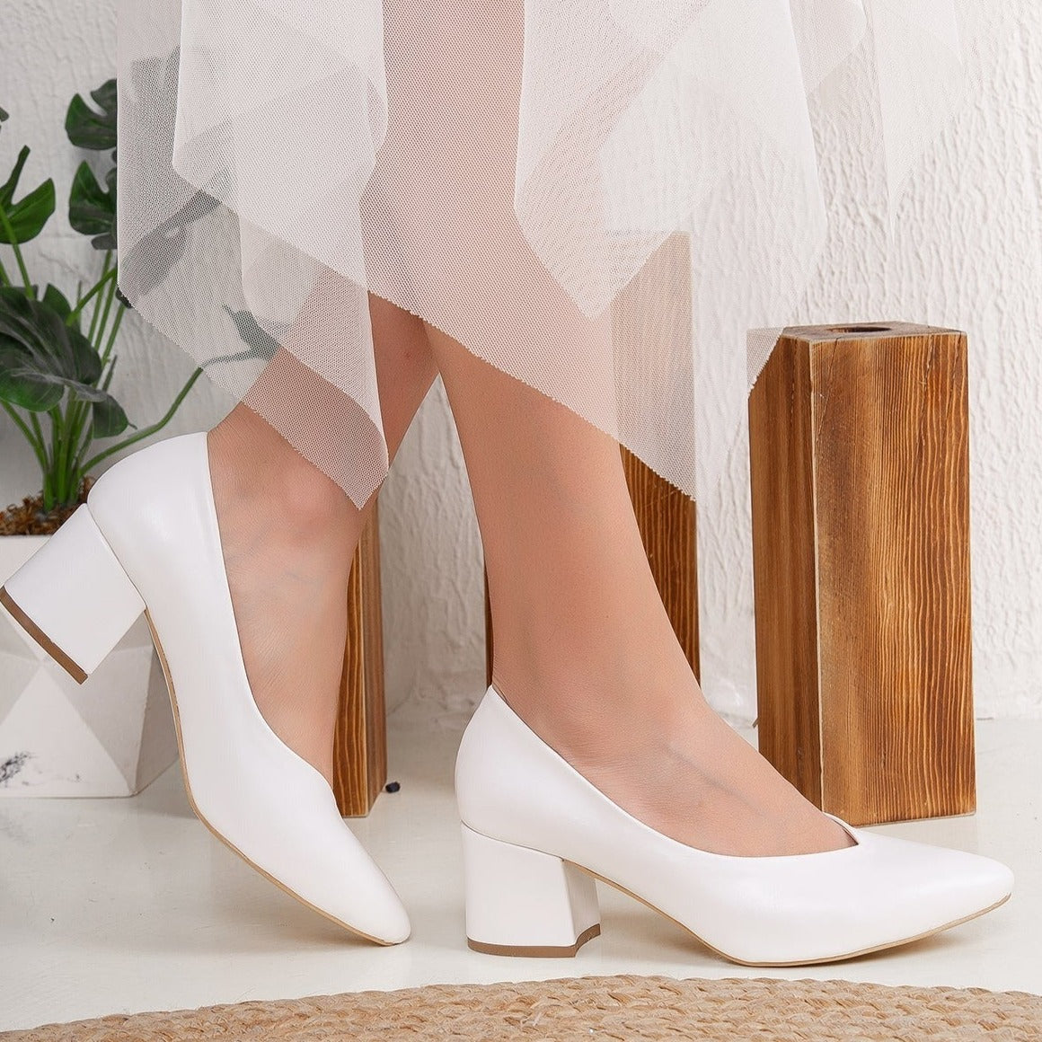 Mariam - White Block Heel Stiletto – side view showing leather, white, Vowalisse