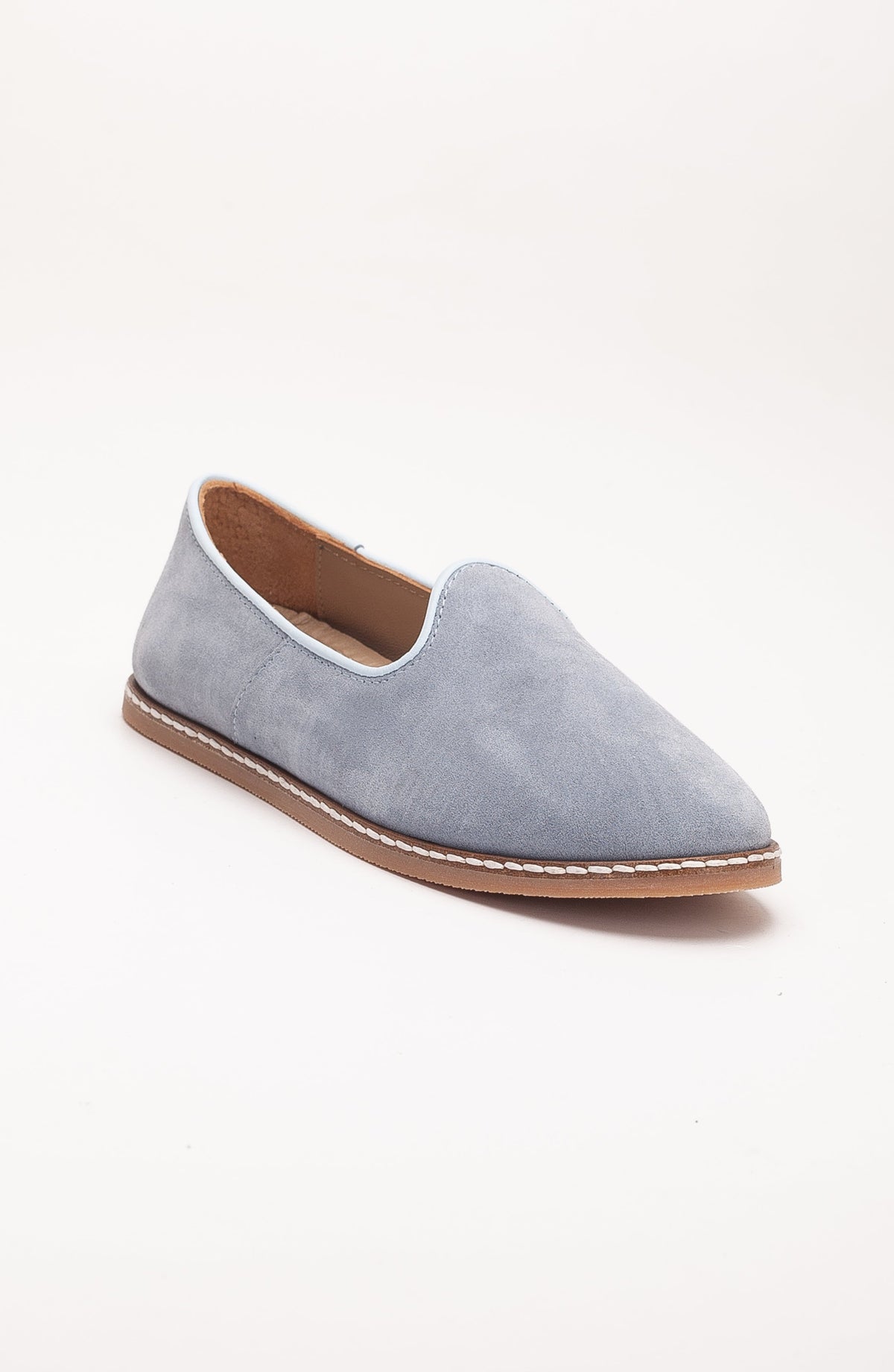 Istanbul - Dusty Blue Suede Leather Slip On – front three-quarter view showing leather, suede, blue, Vowalisse
