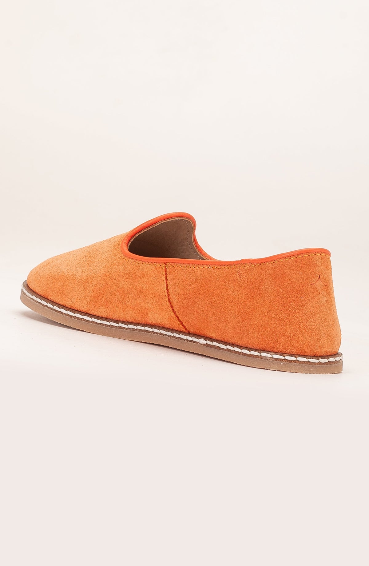 Istanbul - Orange Suede Leather Slip On – heel view showing leather, suede, red, Vowalisse