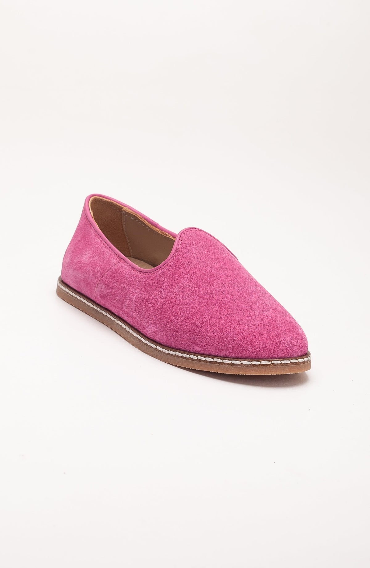 Istanbul - Fuchsia Pink Suede Leather Slip On – front three-quarter view showing leather, suede, pink, Vowalisse