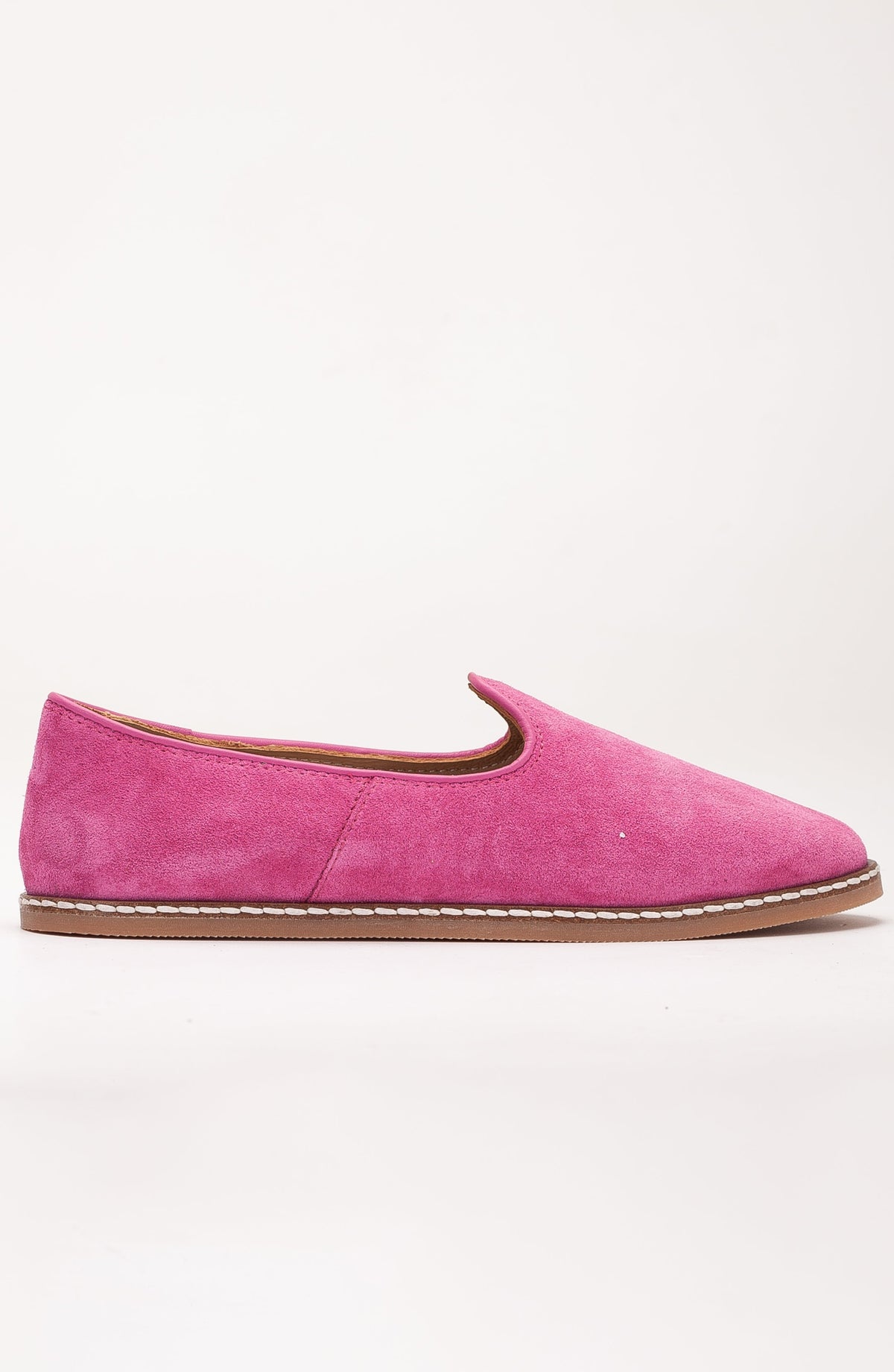 Istanbul - Fuchsia Pink Suede Leather Slip On – side view showing leather, suede, pink, Vowalisse