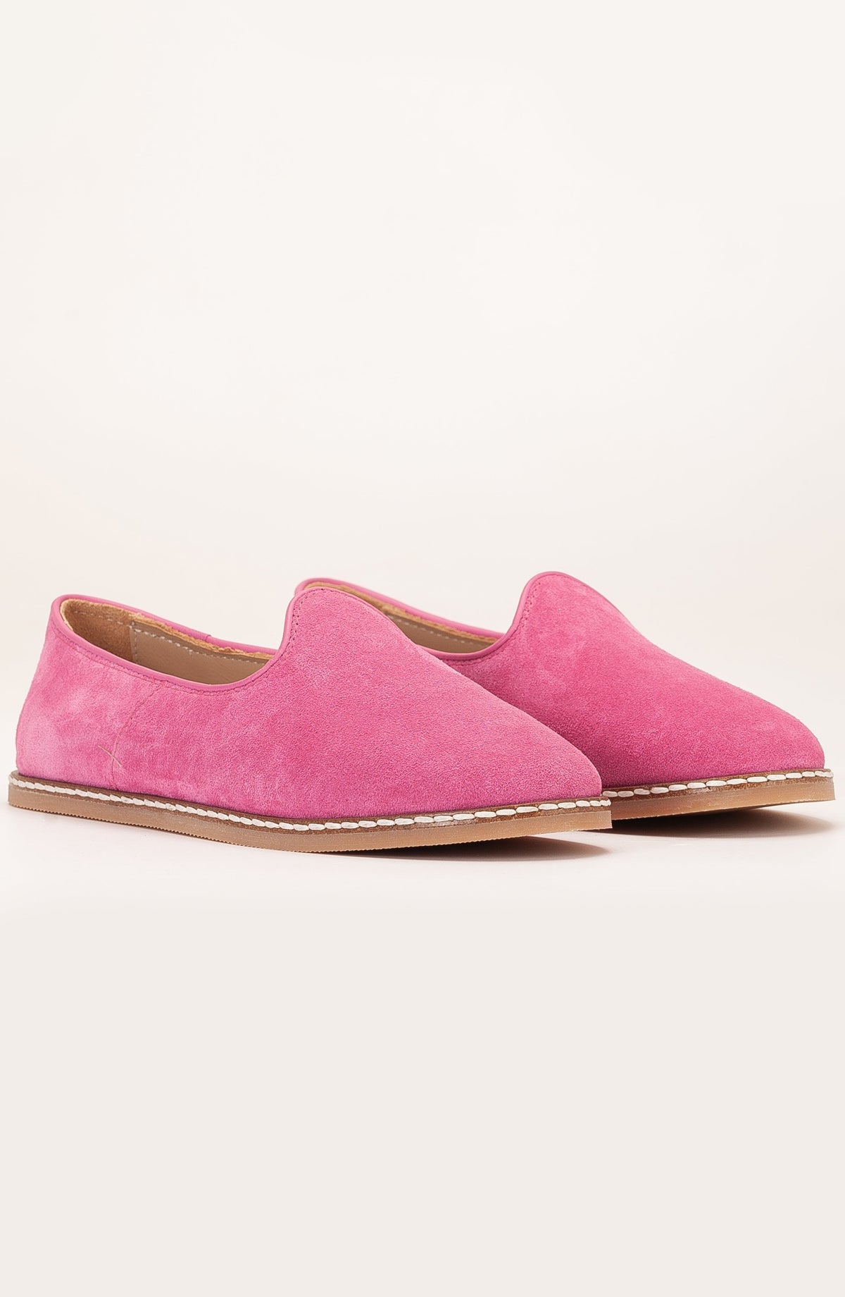 Istanbul - Fuchsia Pink Suede Leather Slip On – detail view showing leather, suede, pink, Vowalisse