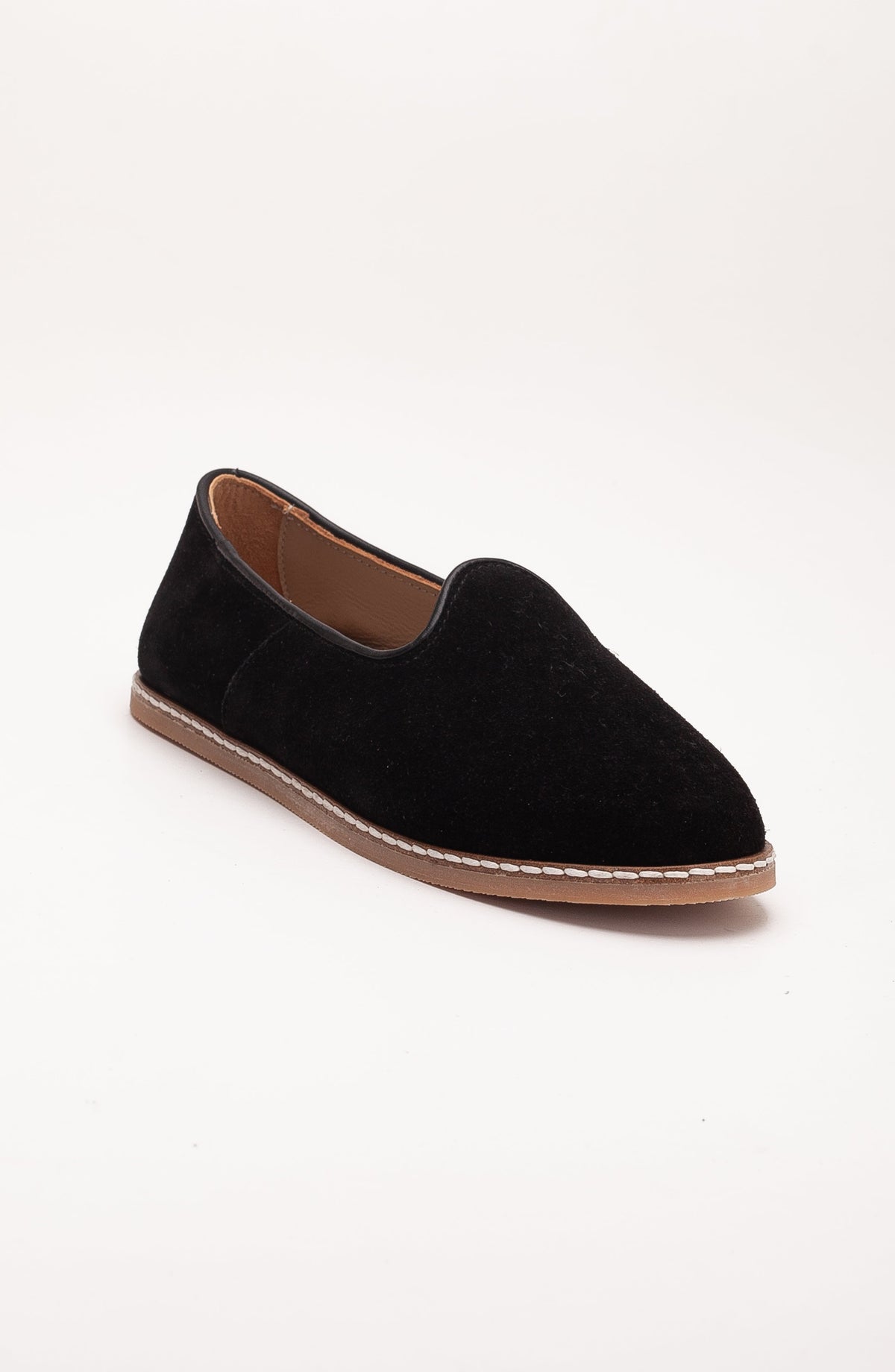 Istanbul - Black Suede Leather Slip On – front three-quarter view showing leather, suede, black, Vowalisse