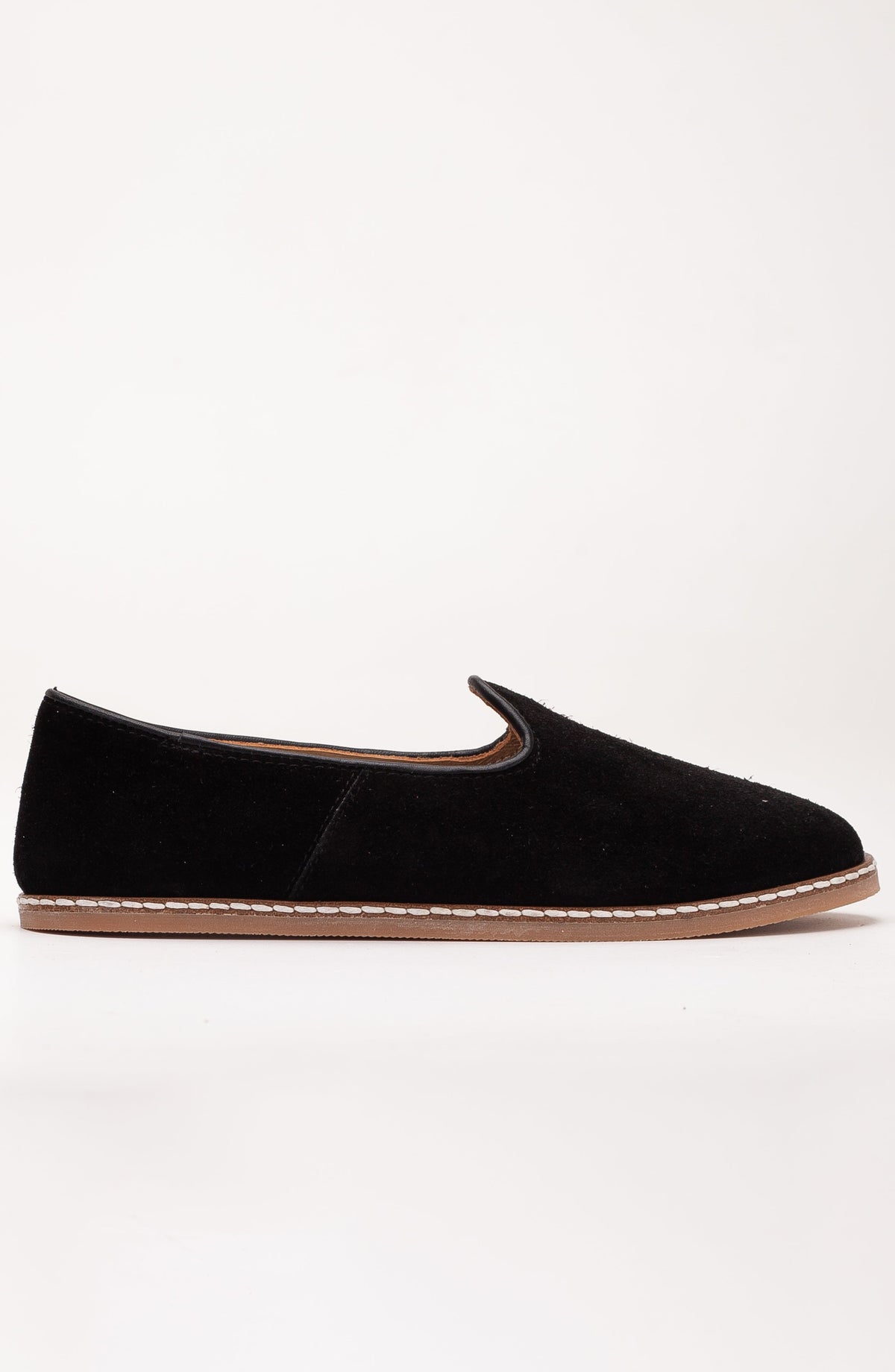 Istanbul - Black Suede Leather Slip On – side view showing leather, suede, black, Vowalisse