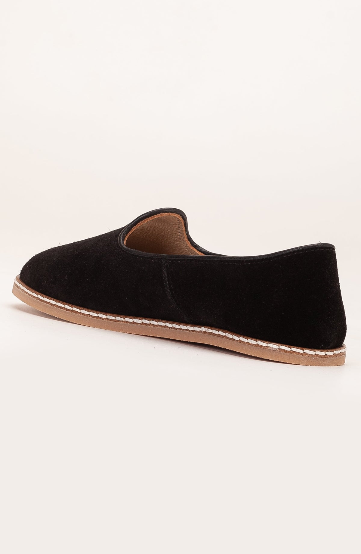 Istanbul - Black Suede Leather Slip On – heel view showing leather, suede, black, Vowalisse