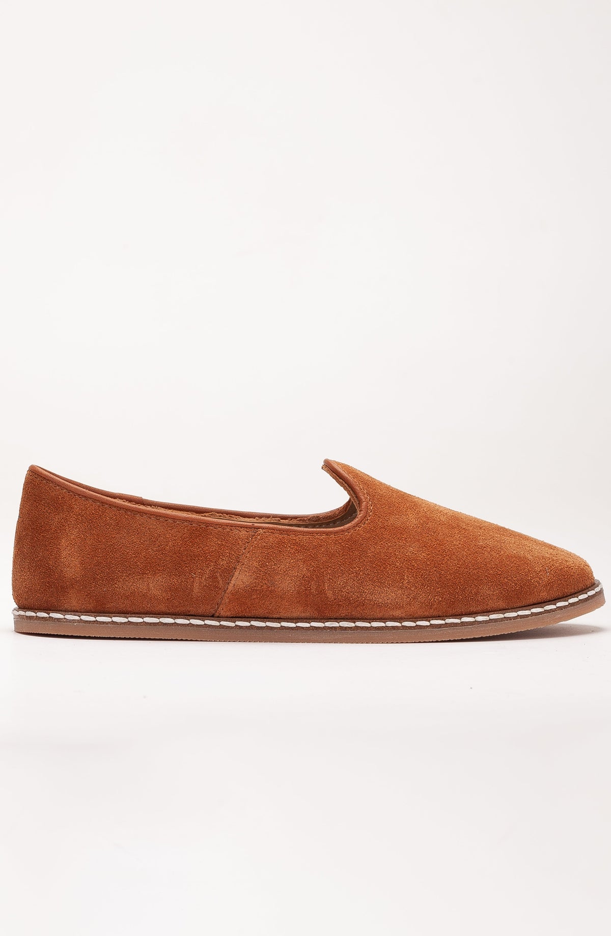 Istanbul - Cognac Brown Suede Leather Slip On – side view showing leather, suede, red, Vowalisse