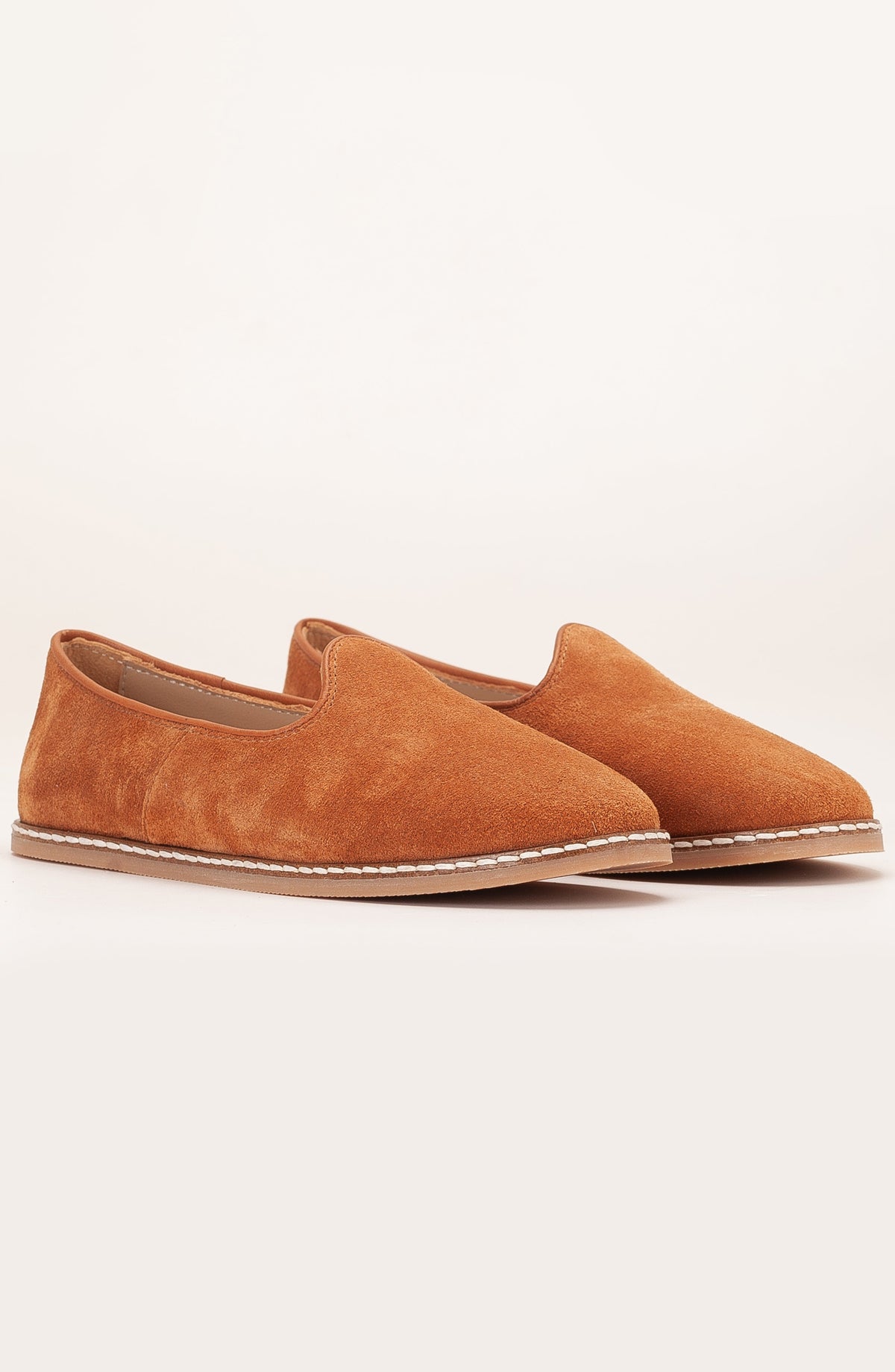 Istanbul - Cognac Brown Suede Leather Slip On – detail view showing leather, suede, red, Vowalisse