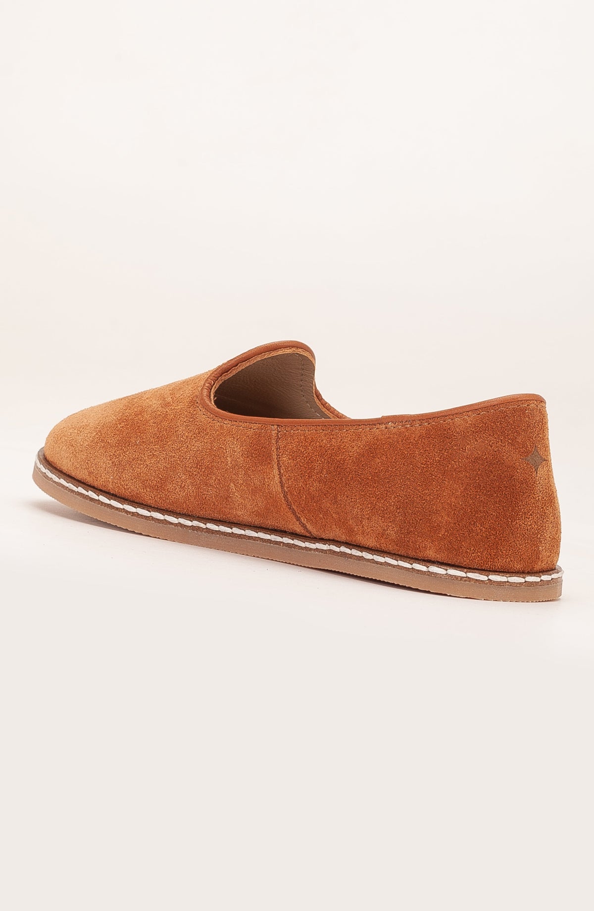 Istanbul - Cognac Brown Suede Leather Slip On – heel view showing leather, suede, red, Vowalisse