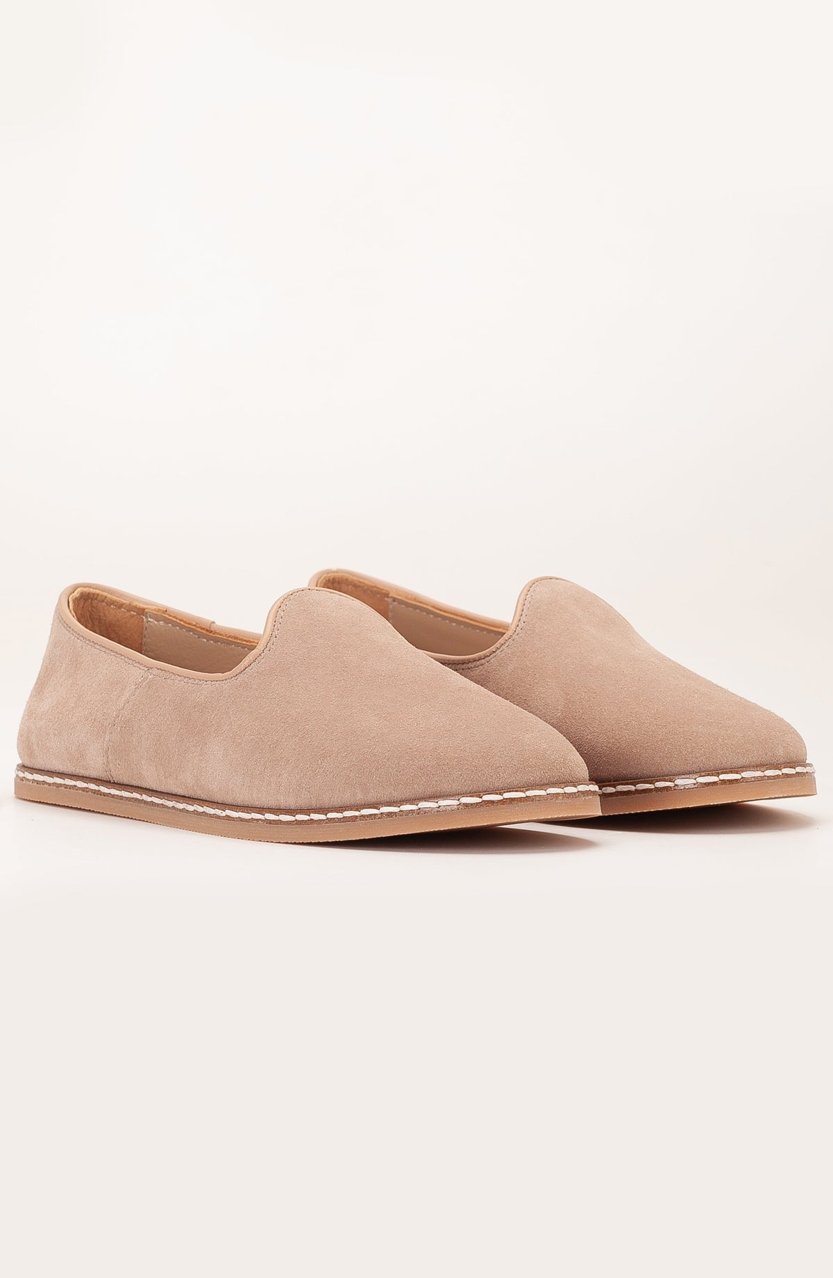 Istanbul - Beige Suede Leather Slip On – detail view showing leather, suede, red, Vowalisse