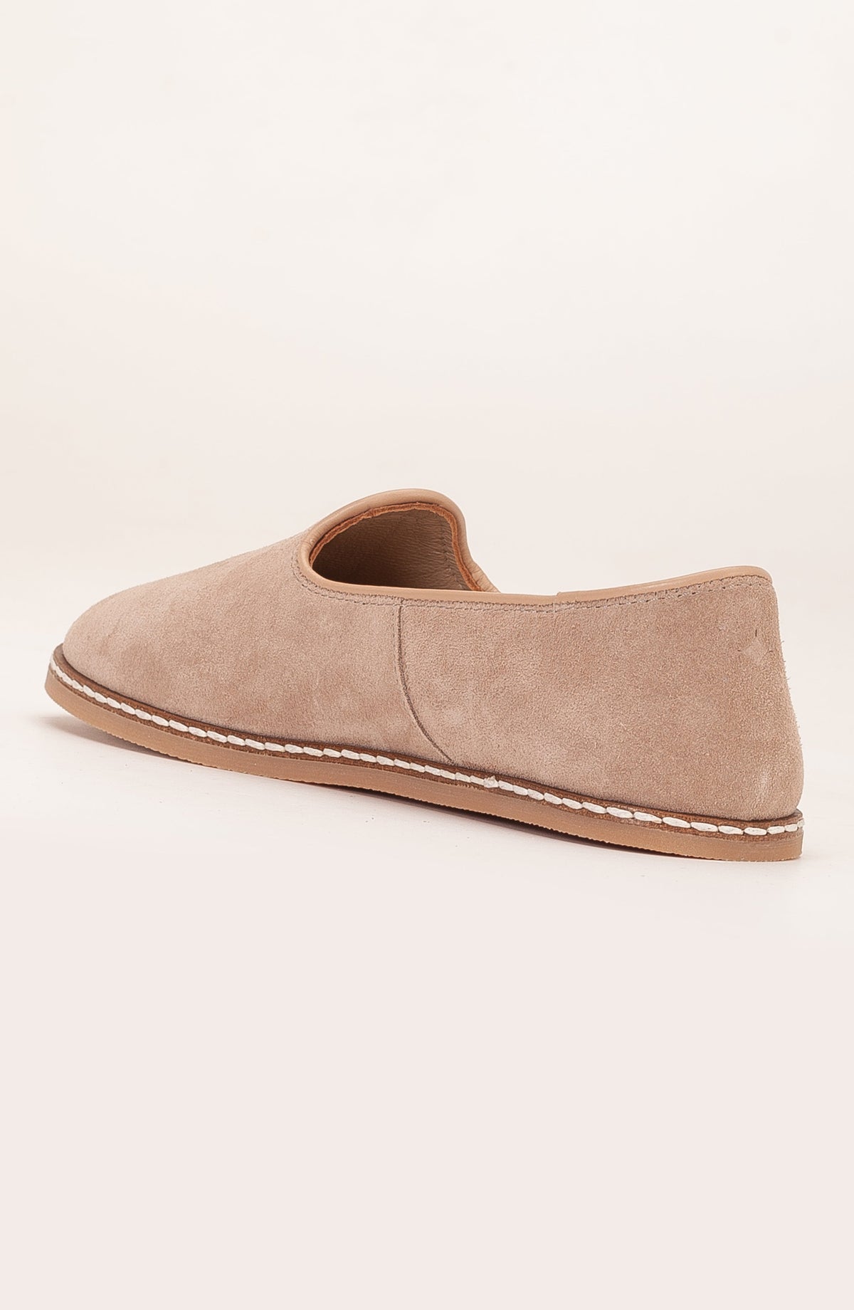 Istanbul - Beige Suede Leather Slip On – heel view showing leather, suede, red, Vowalisse