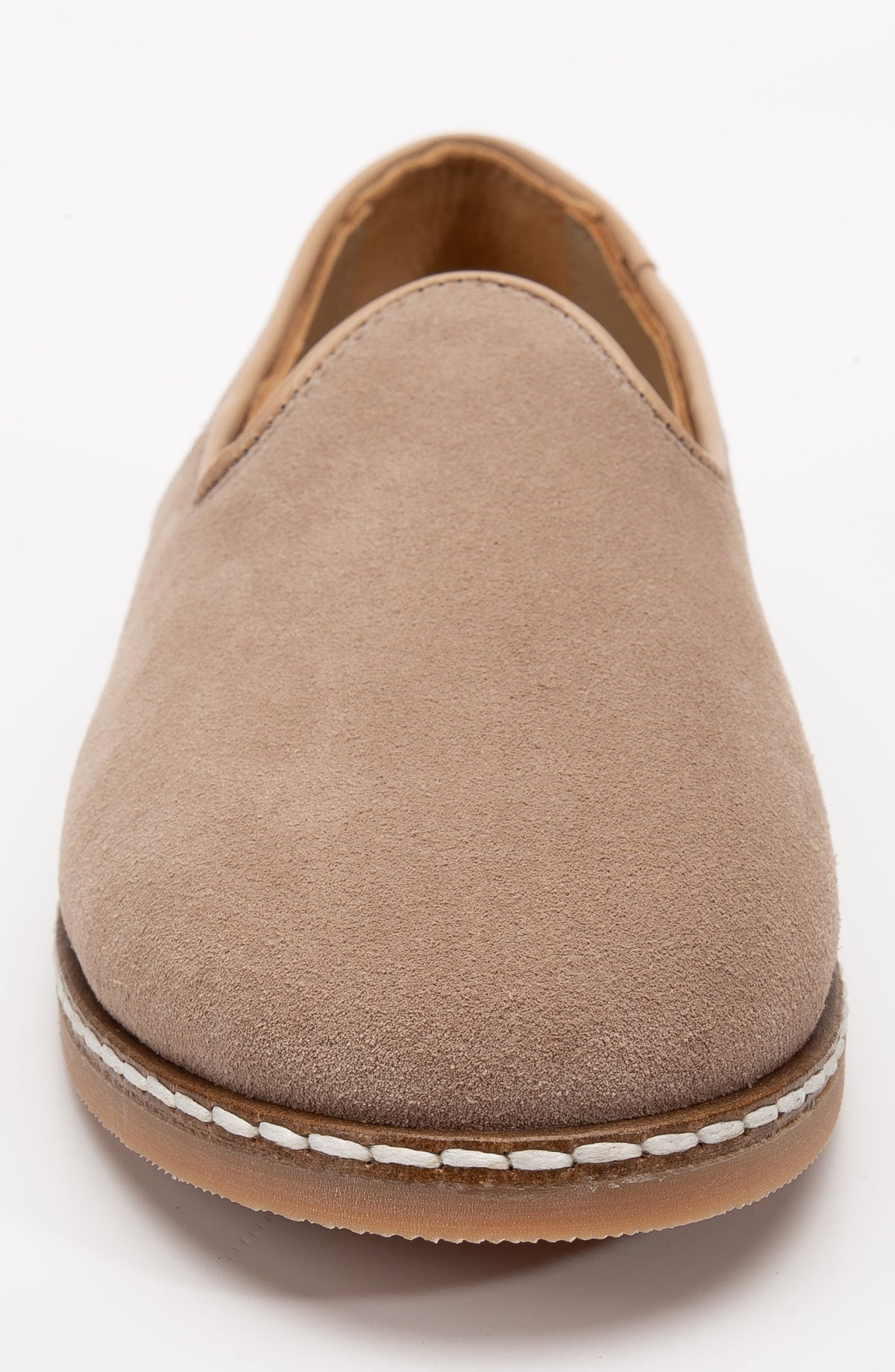 Istanbul - Beige Suede Leather Slip On – top view showing leather, suede, red, Vowalisse