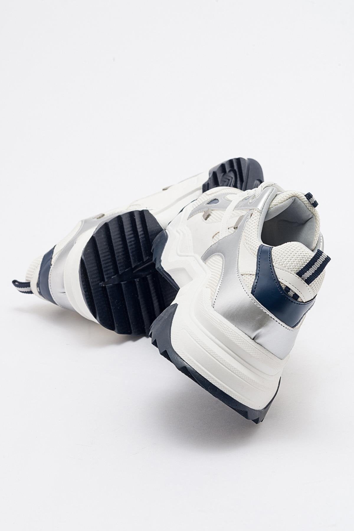 Loretta - White-Navy Sneaker – heel view showing leather, white, Vowalisse