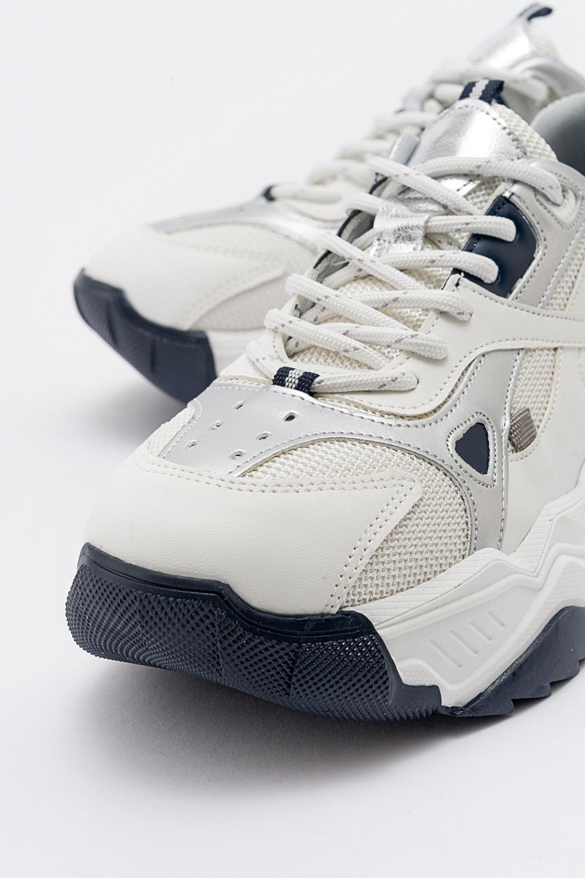 Loretta - White-Navy Sneaker – back view showing leather, white, Vowalisse