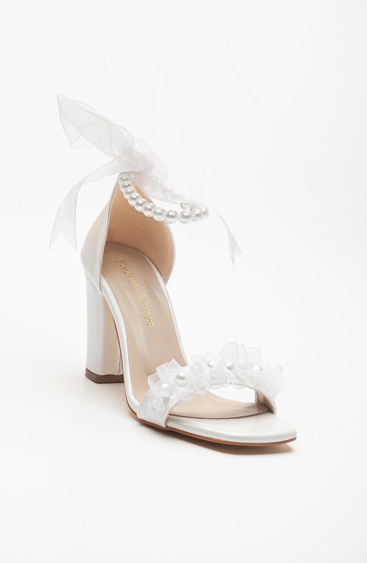 Krystal - Ivory Lace Bridal Sandals with Pearls – front three-quarter view showing pearl, lace, leather, Vowalisse